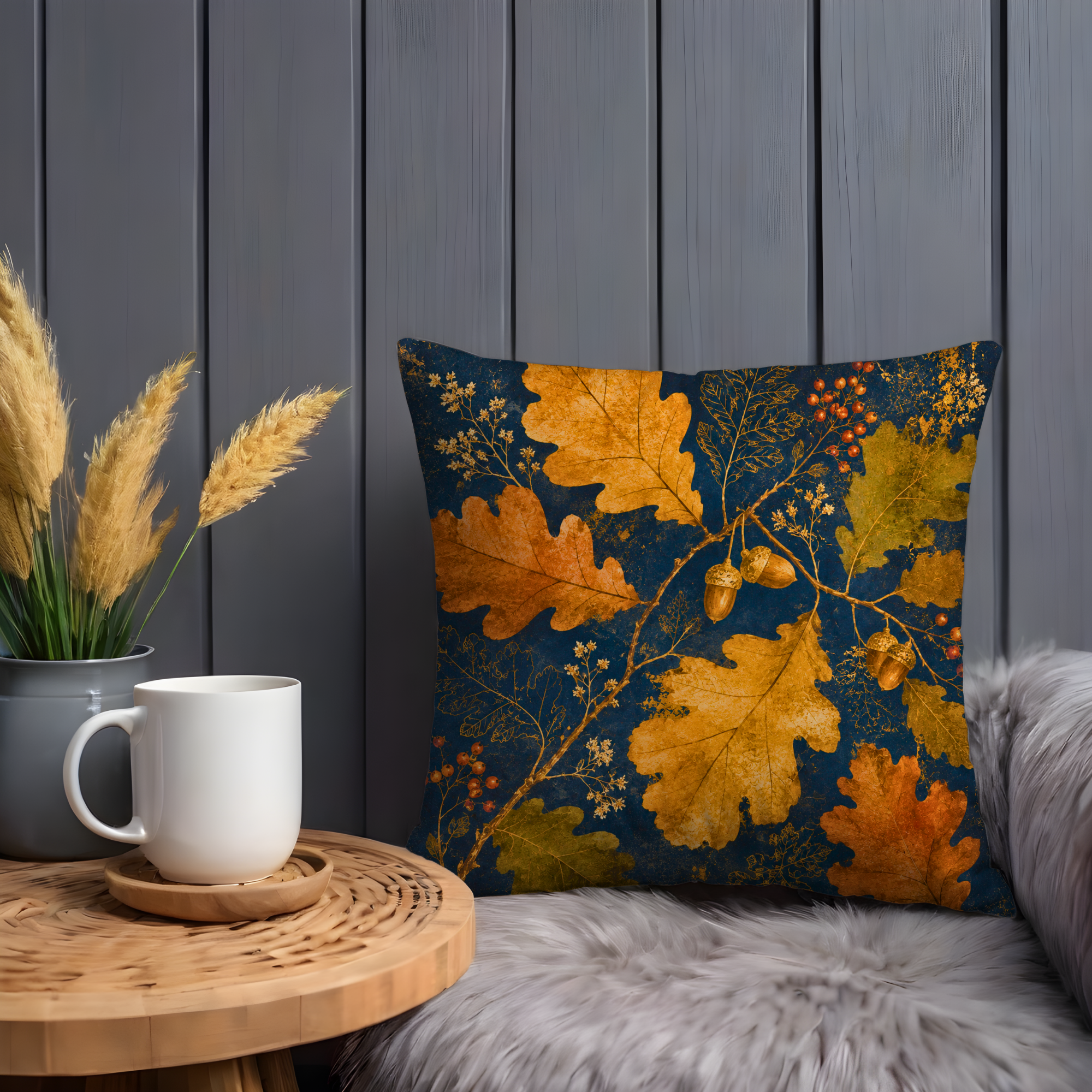 Oak Acorn Pillow Cover | Navy Gold Botanical Art | Woodland Decor