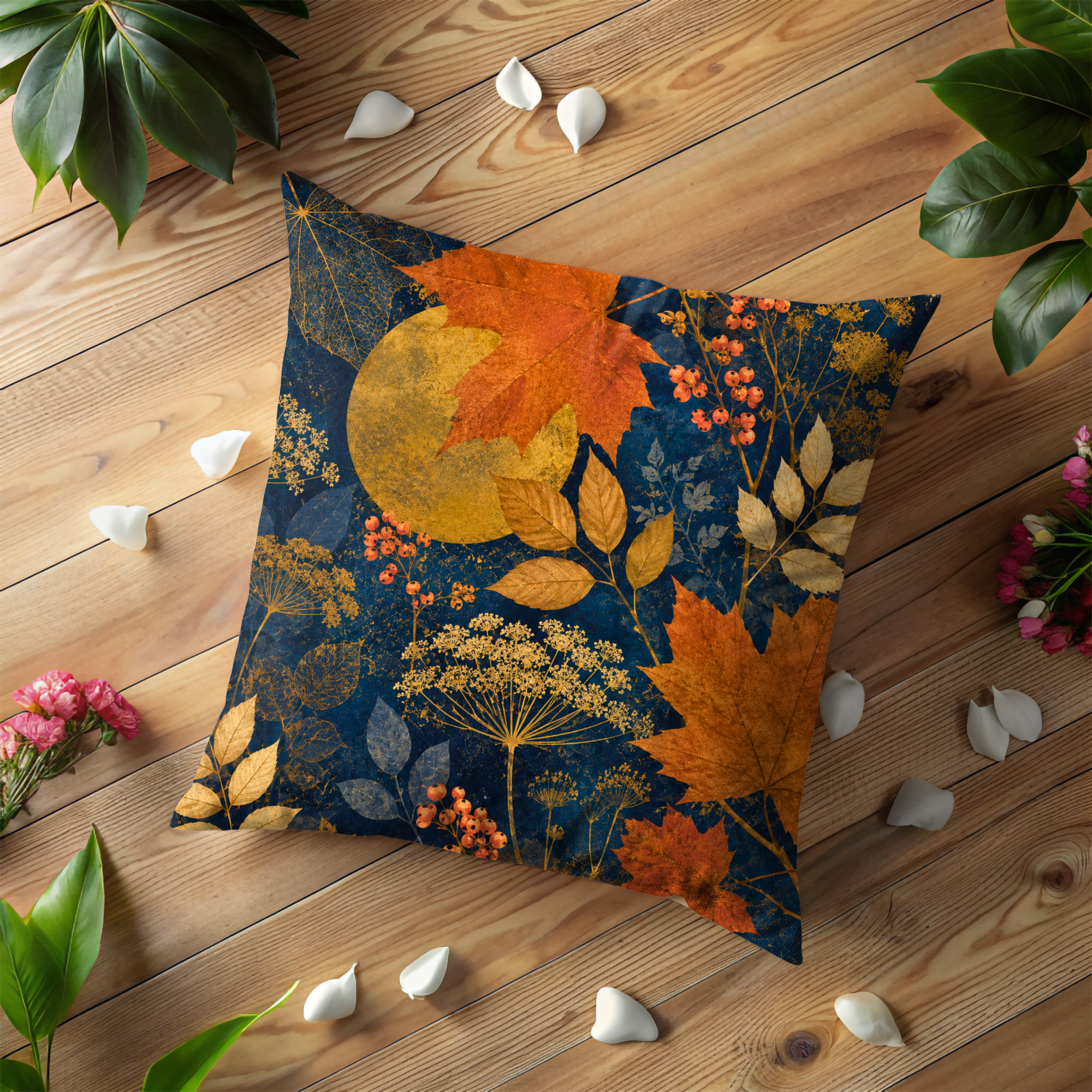 Maple Harvest Moon Pillow Cover | Autumn Berry Umbel Art | Fall Decor