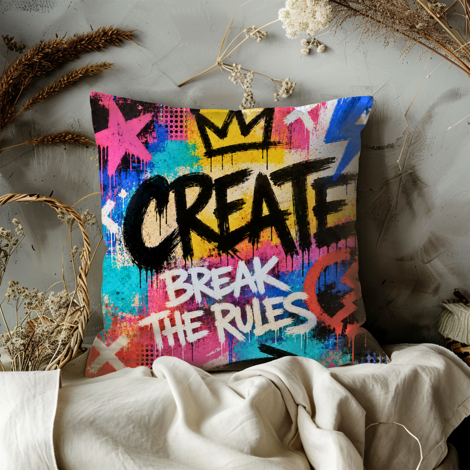 Create Break the Rules Pillow Cover | Neon Graffiti Quote Art | Studio Decor