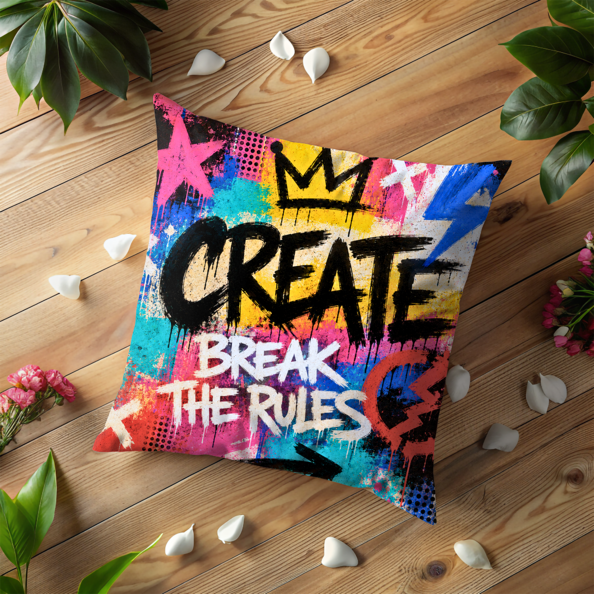 Create Break the Rules Pillow Cover | Neon Graffiti Quote Art | Studio Decor
