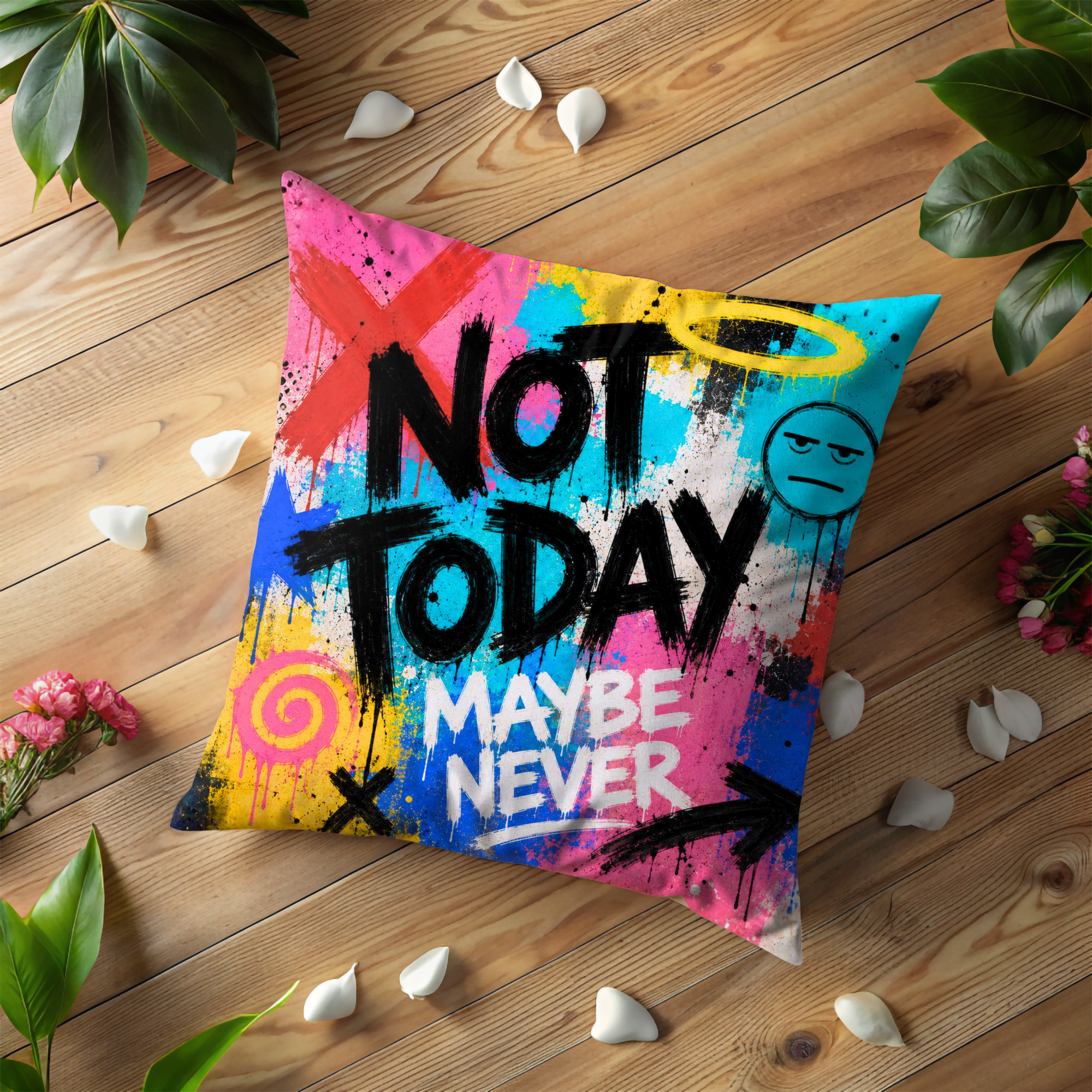 Not Today Maybe Never Pillow Cover | Grumpy Smiley Graffiti Art | Urban Decor