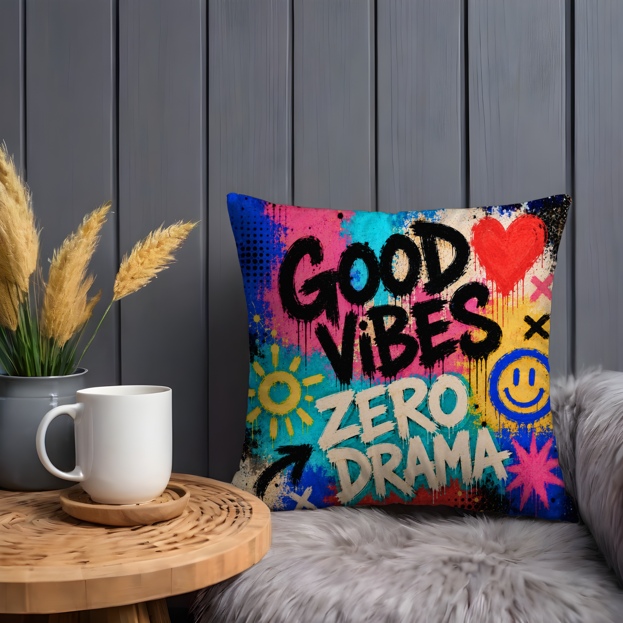 Good Vibes Zero Drama Pillow Cover | Smiley Graffiti Quote Art | Colorful Decor