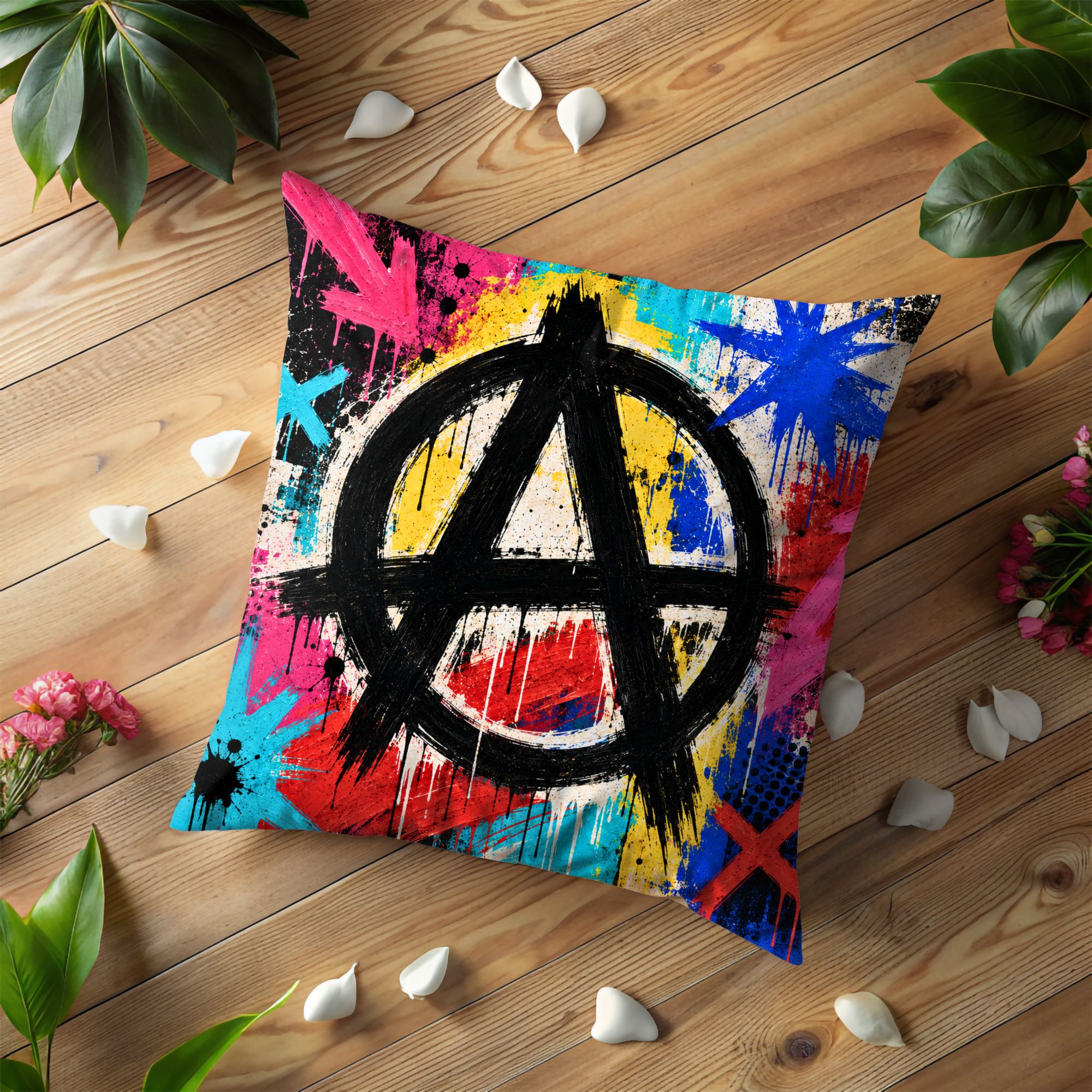 Circle-A Graffiti Pillow Cover | Neon Anarchy Street Art | Punk Decor