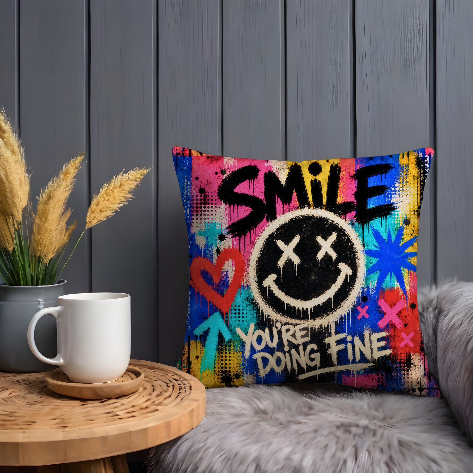 Smile You're Doing Fine Pillow Cover | Drip Smiley Graffiti Art | Pop Art Decor