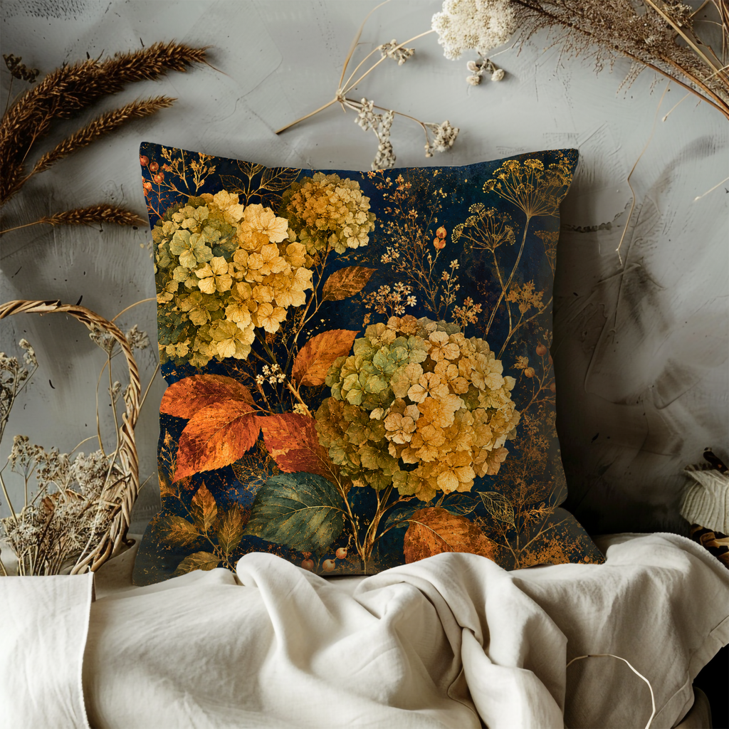 Dried Hydrangea Pillow Cover | Navy Gold Autumn Bloom Art | Fall Decor