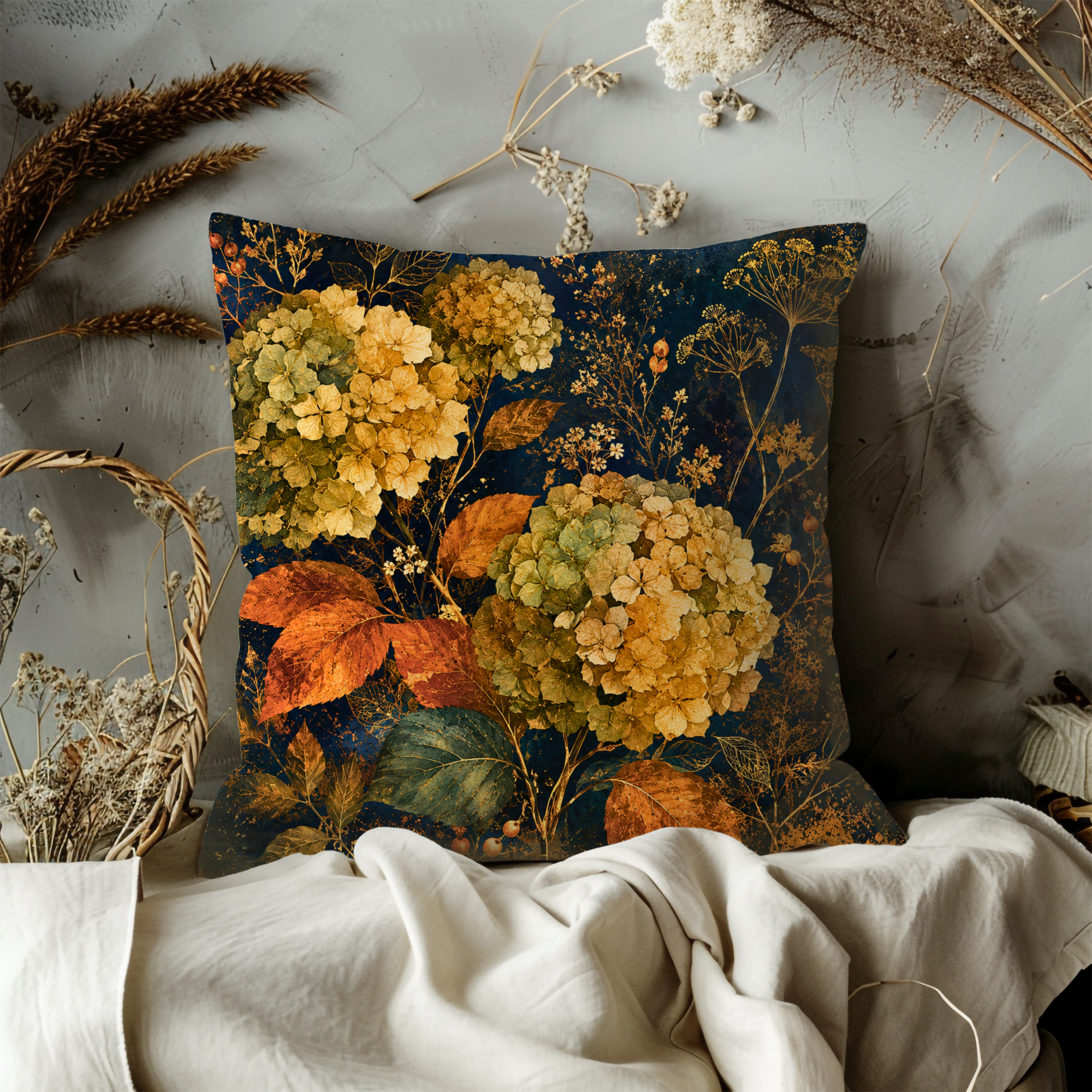 Dried Hydrangea Pillow Cover | Navy Gold Autumn Bloom Art | Fall Decor