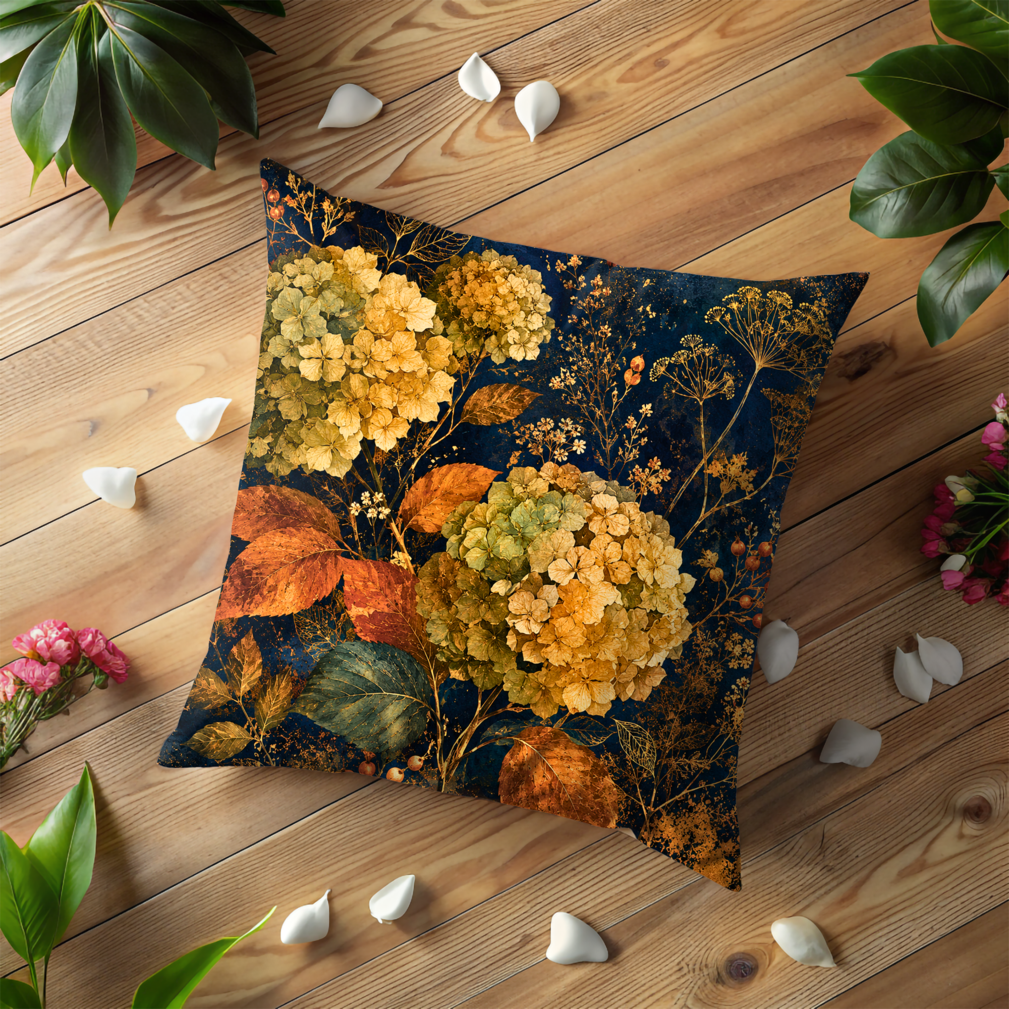 Dried Hydrangea Pillow Cover | Navy Gold Autumn Bloom Art | Fall Decor