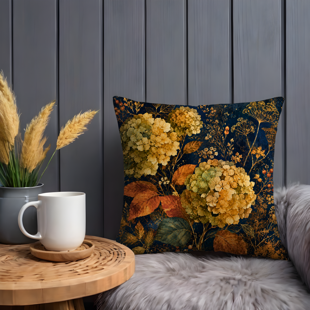 Dried Hydrangea Pillow Cover | Navy Gold Autumn Bloom Art | Fall Decor