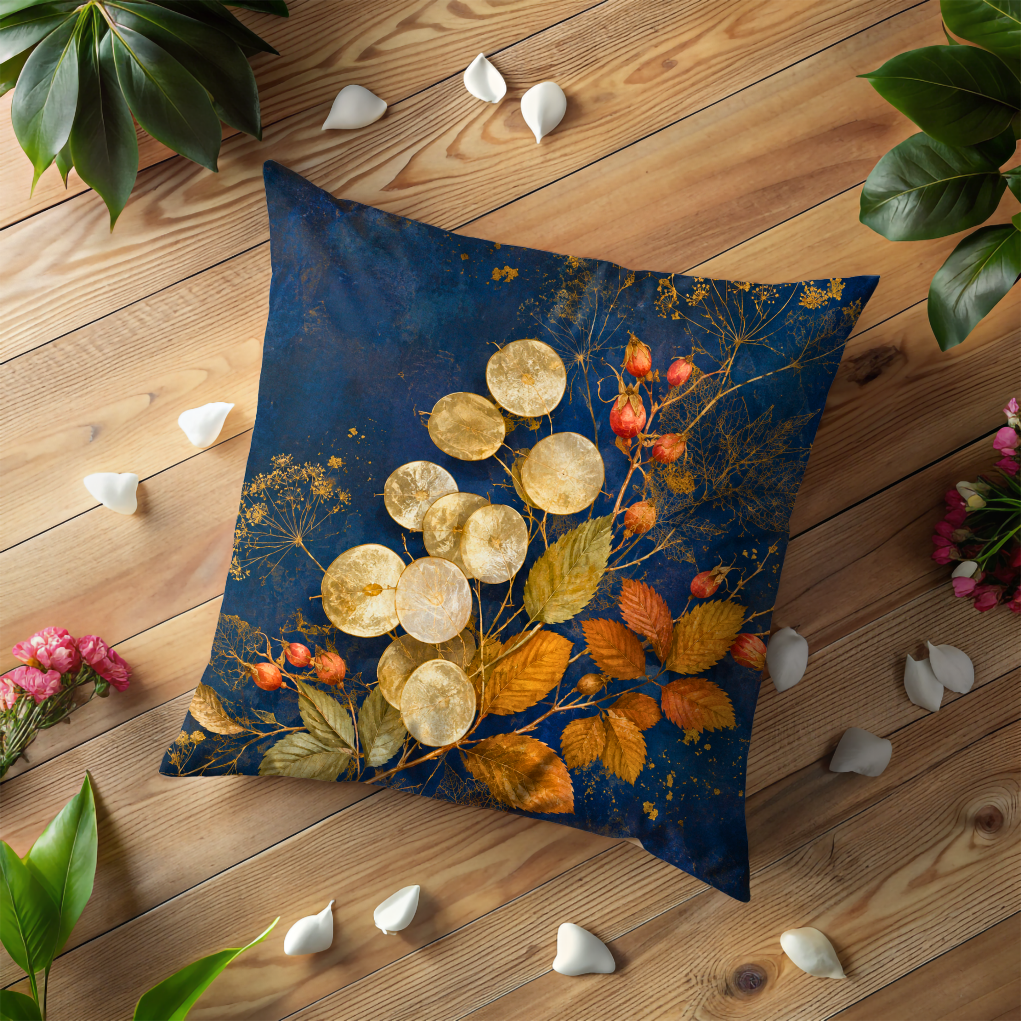 Honesty Seed Pod Pillow Cover | Navy Gold Lunaria Rose Hip Art | Fall Decor