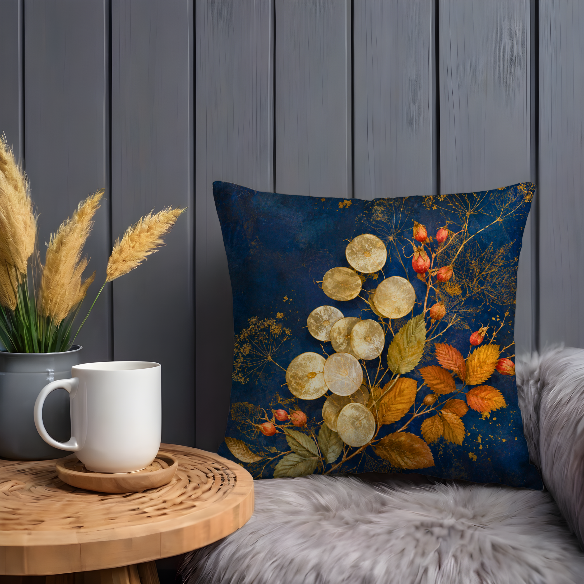 Honesty Seed Pod Pillow Cover | Navy Gold Lunaria Rose Hip Art | Fall Decor