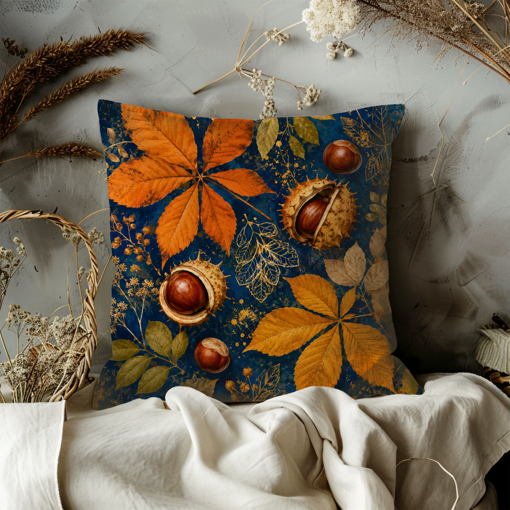 Horse Chestnut Pillow Cover | Navy Gold Conker Autumn Leaf Art | Fall Decor