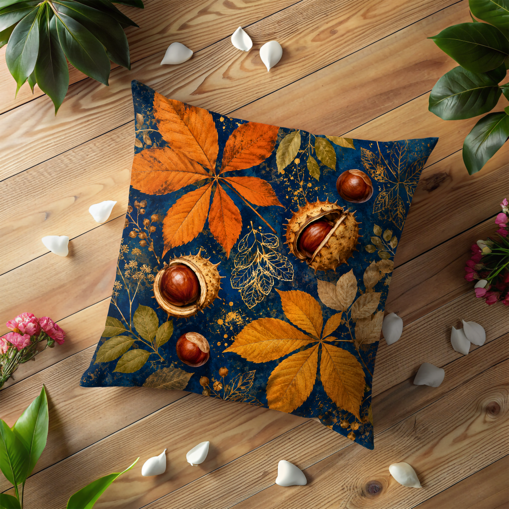 Horse Chestnut Pillow Cover | Navy Gold Conker Autumn Leaf Art | Fall Decor