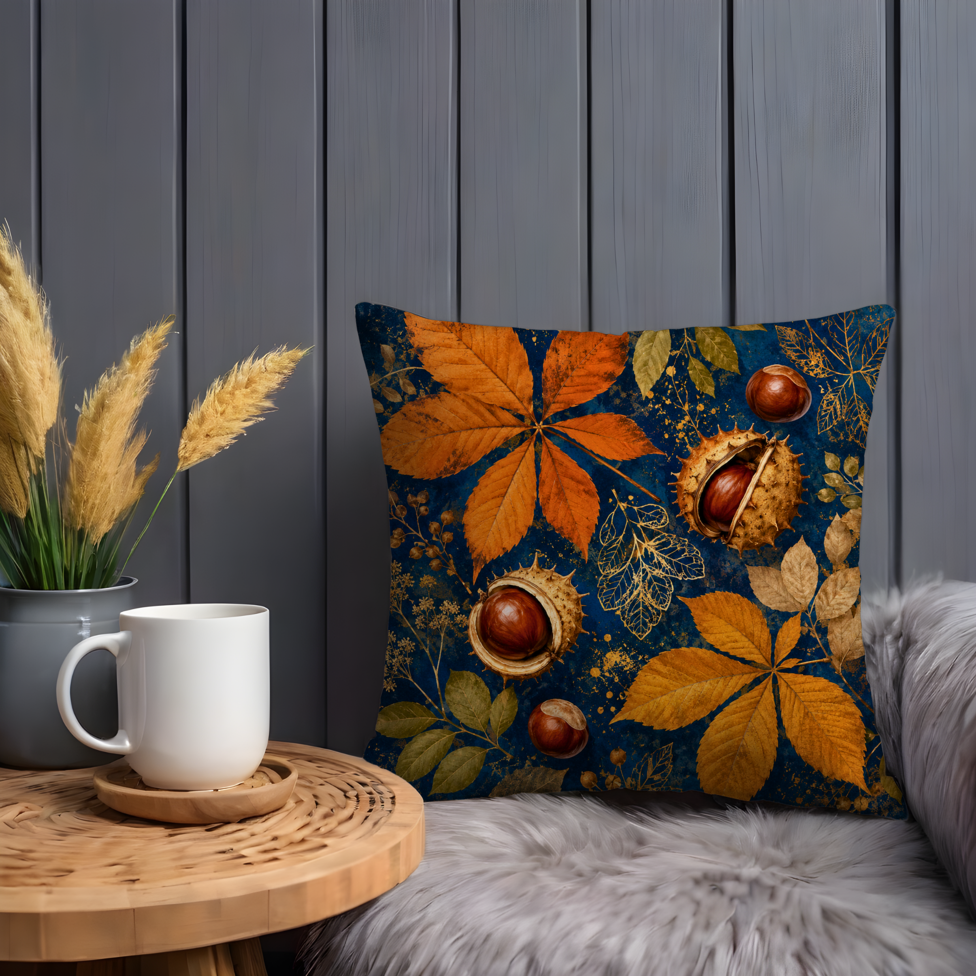 Horse Chestnut Pillow Cover | Navy Gold Conker Autumn Leaf Art | Fall Decor