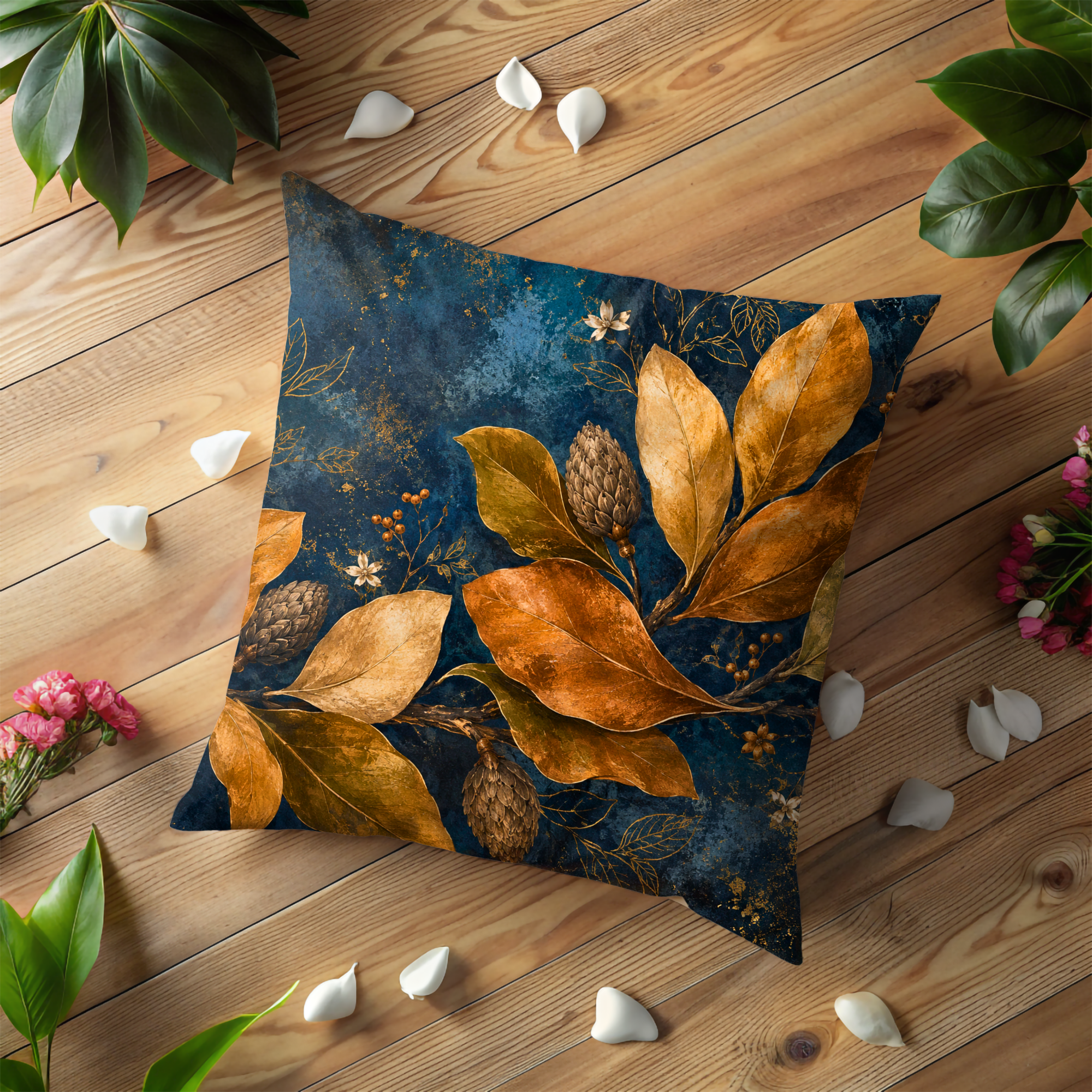 Magnolia Seed Cone Pillow Cover | Navy Gold Autumn Leaf Art | Fall Decor