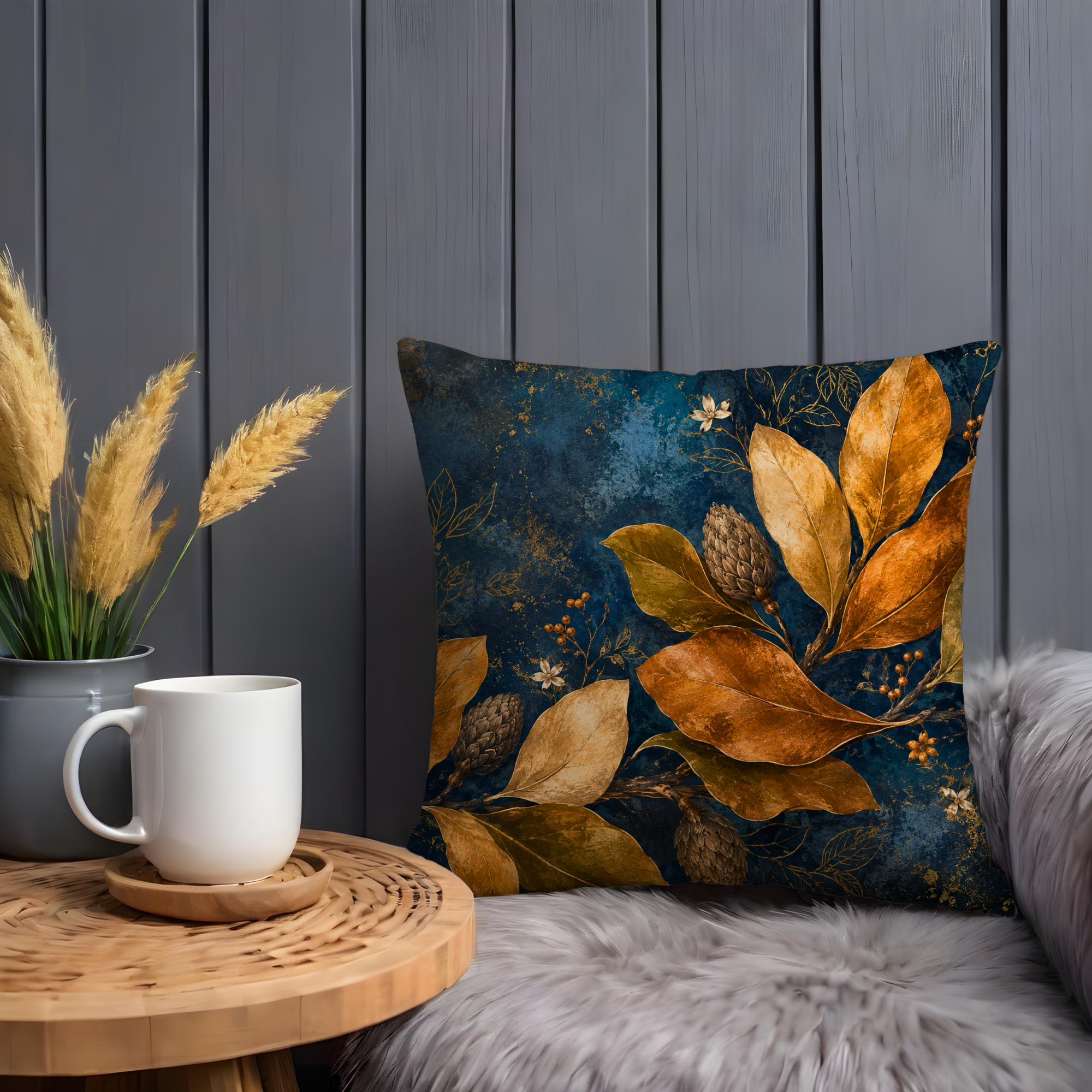 Magnolia Seed Cone Pillow Cover | Navy Gold Autumn Leaf Art | Fall Decor