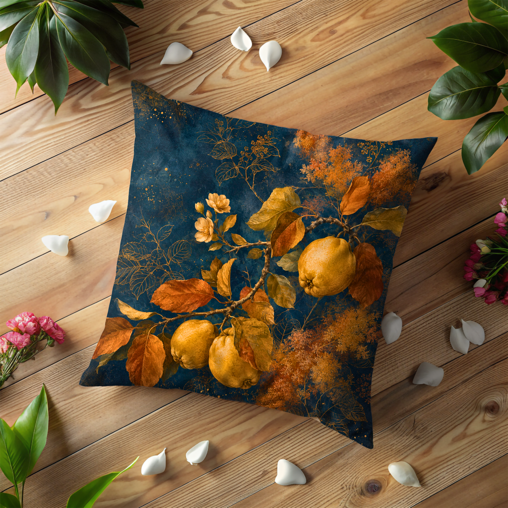 Golden Quince Pillow Cover | Navy Gold Autumn Branch Art | Fall Decor