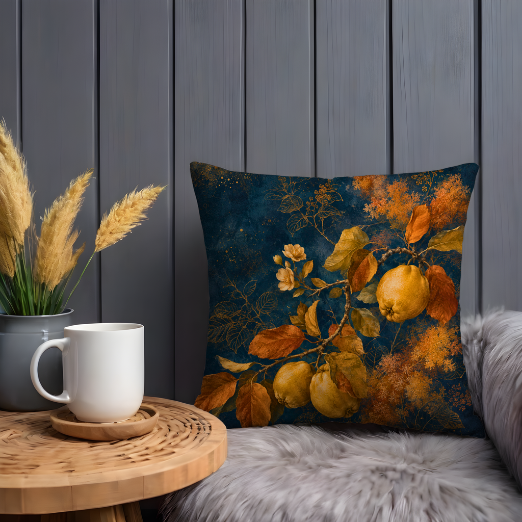 Golden Quince Pillow Cover | Navy Gold Autumn Branch Art | Fall Decor