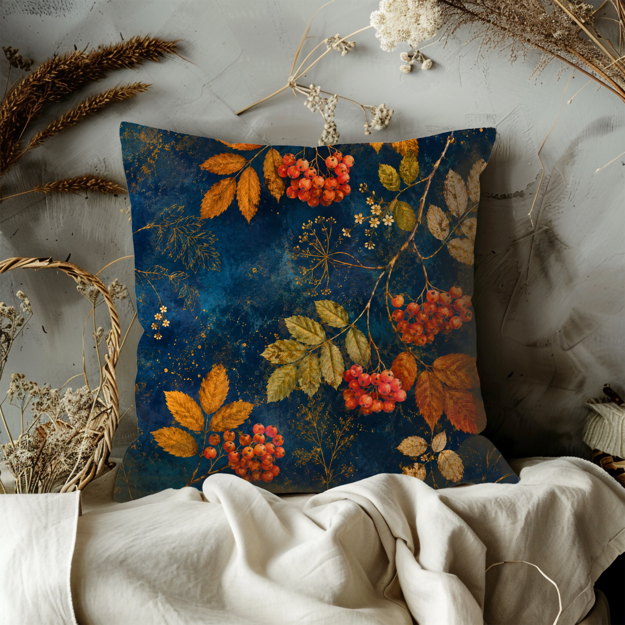 Rowan Berries Pillow Cover | Navy Gold Autumn Branch Art | Fall Decor