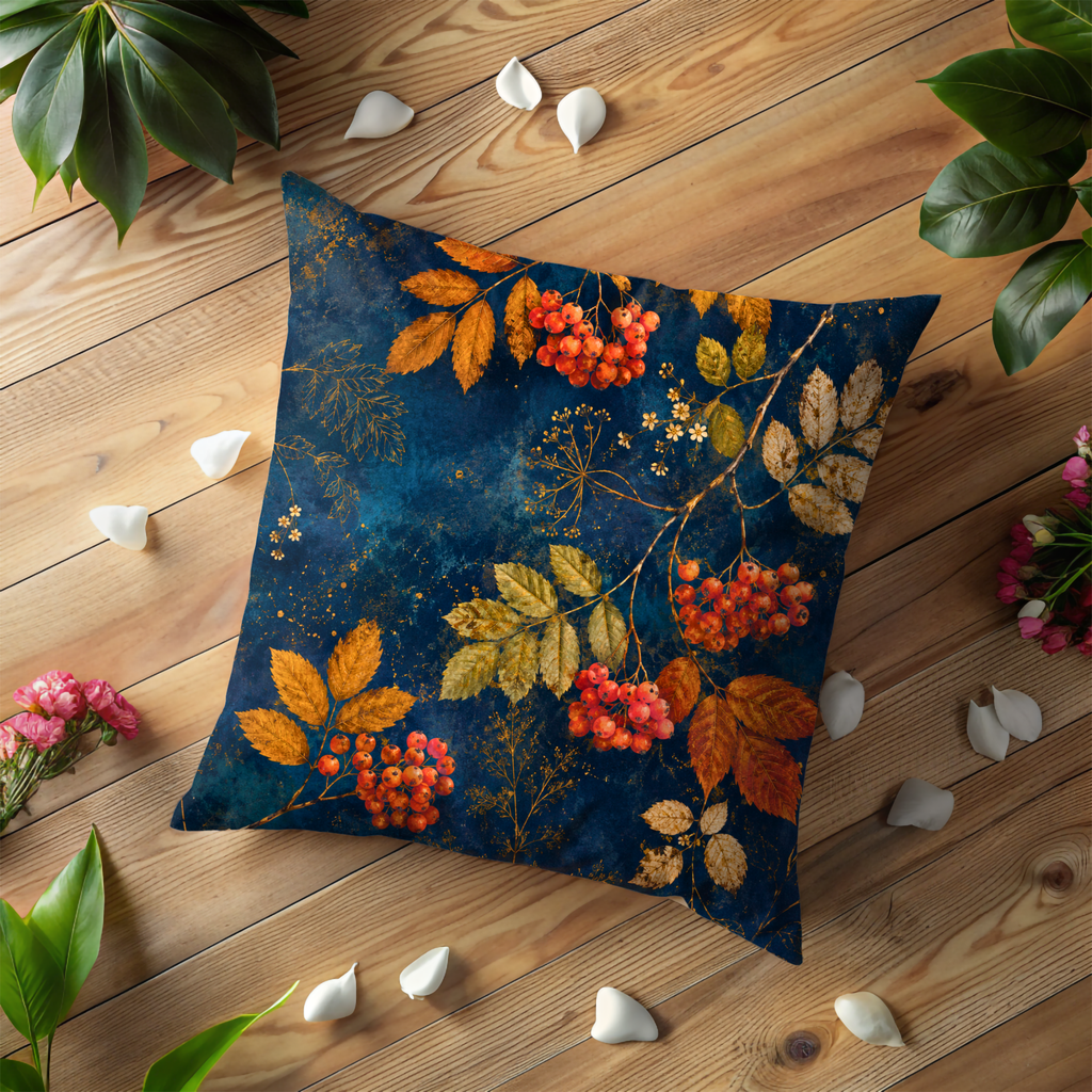 Rowan Berries Pillow Cover | Navy Gold Autumn Branch Art | Fall Decor