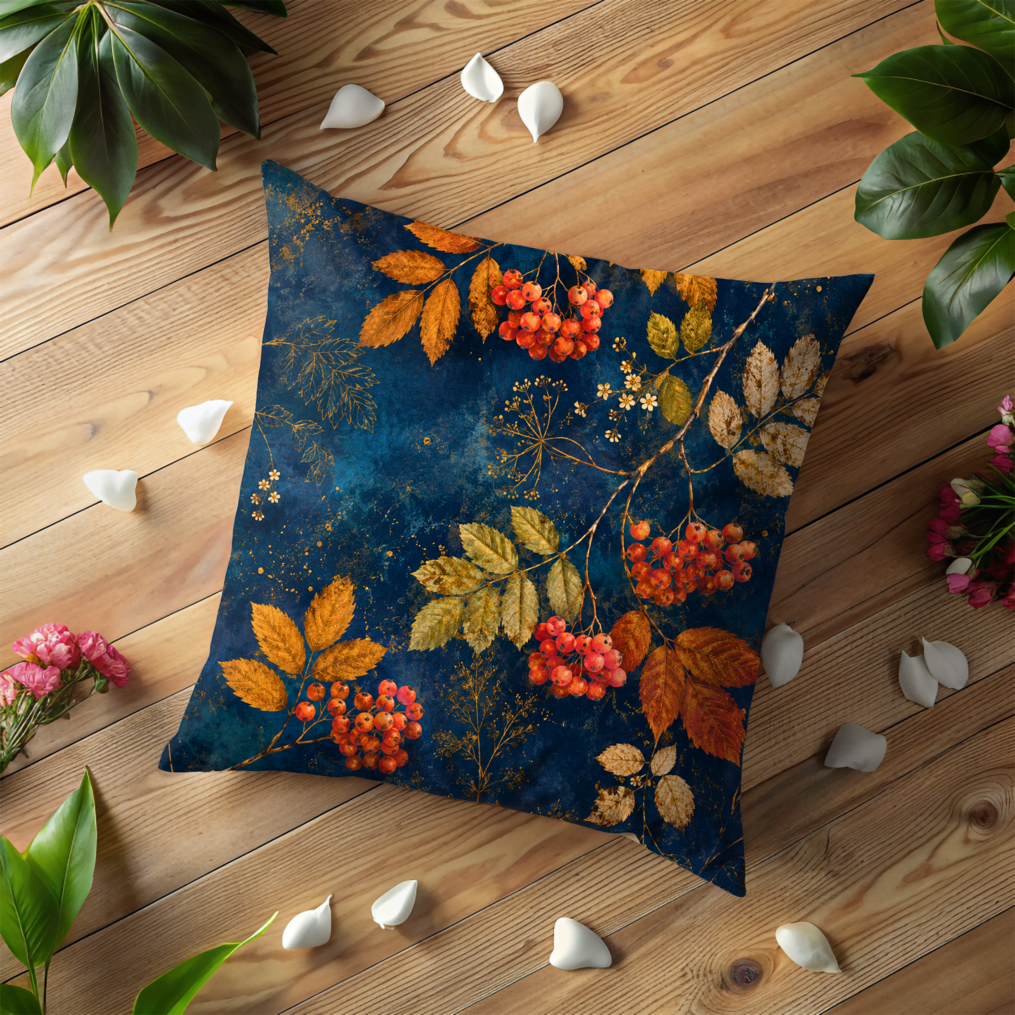 Rowan Berries Pillow Cover | Navy Gold Autumn Branch Art | Fall Decor