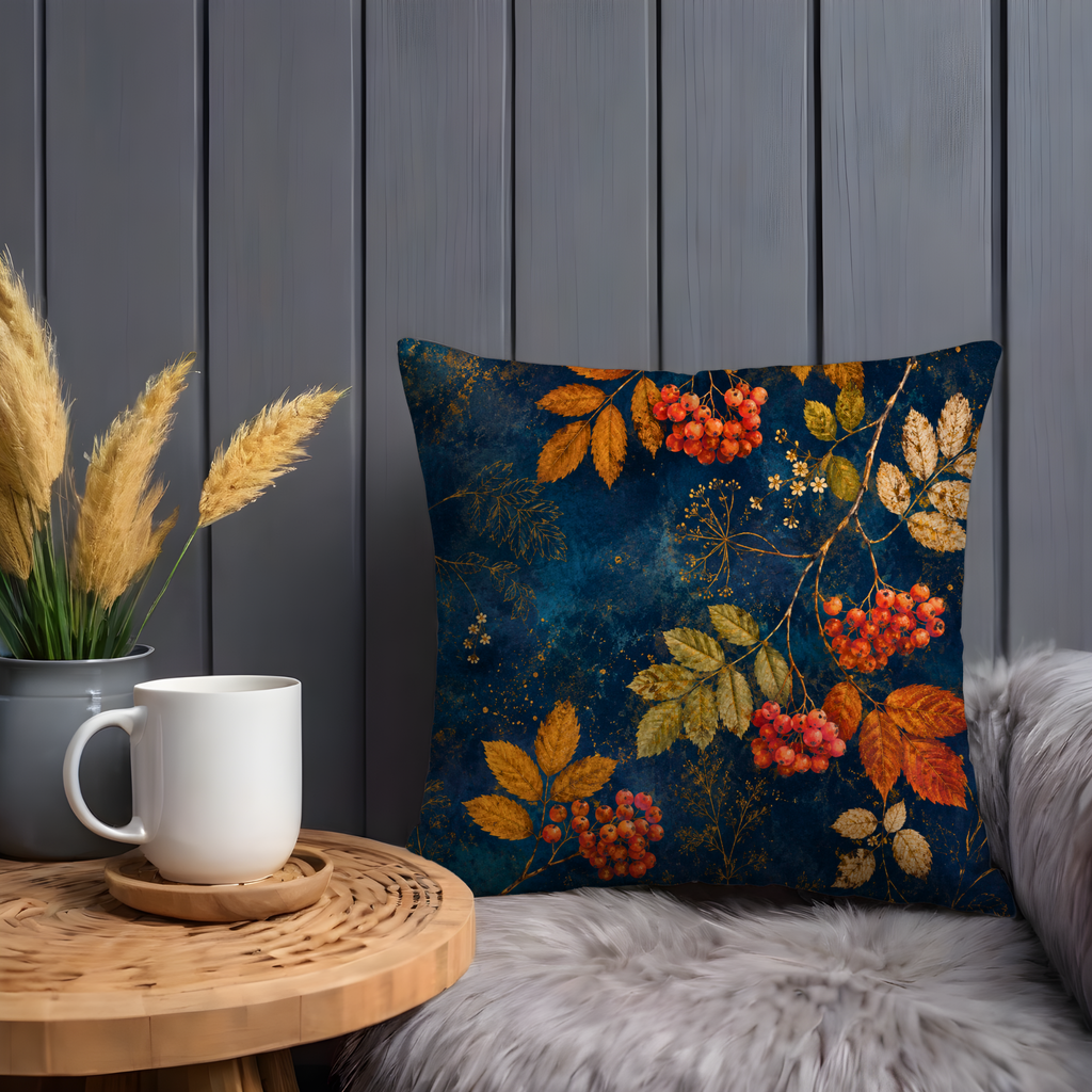 Rowan Berries Pillow Cover | Navy Gold Autumn Branch Art | Fall Decor