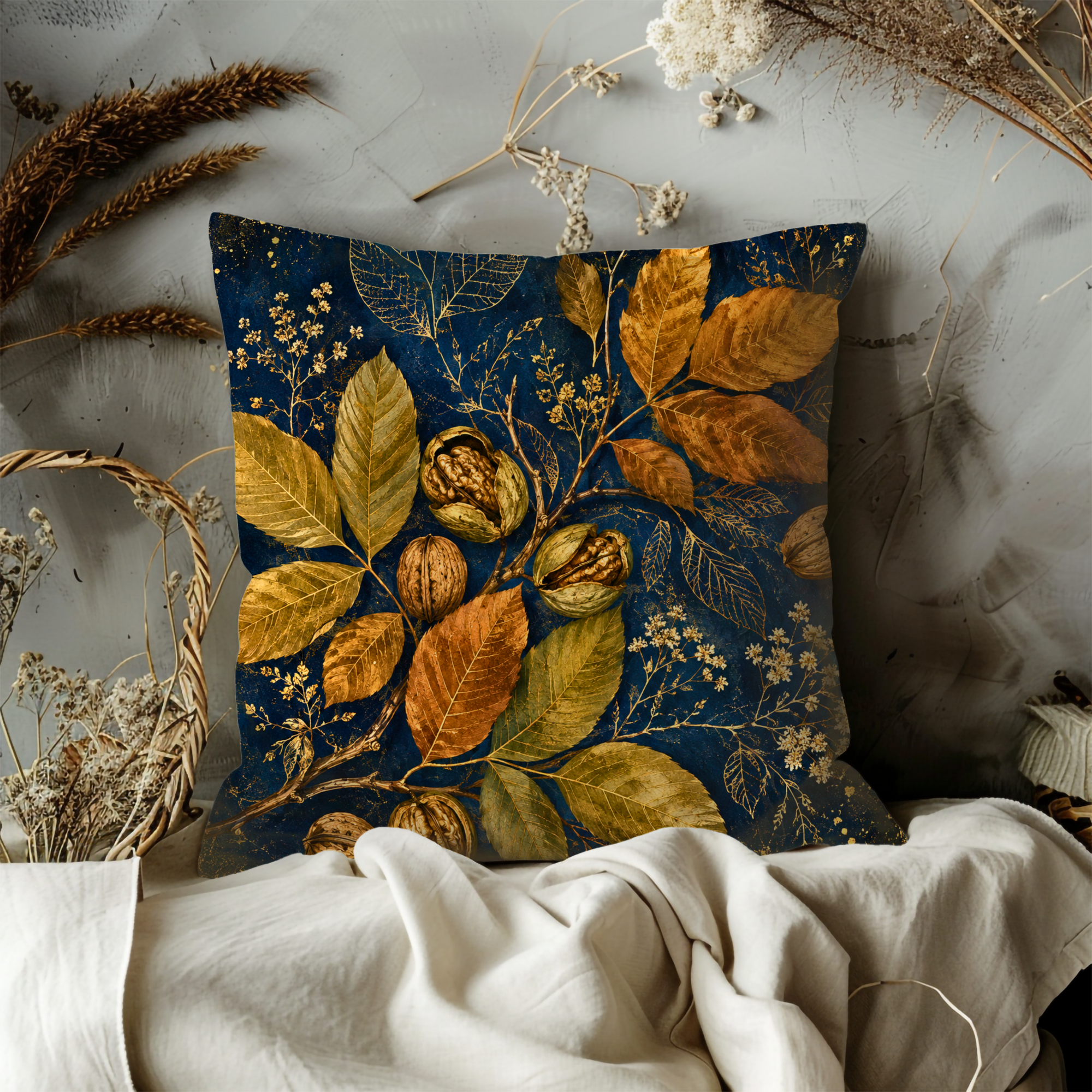 Walnut Branch Pillow Cover | Navy Gold Autumn Nut Art | Fall Decor
