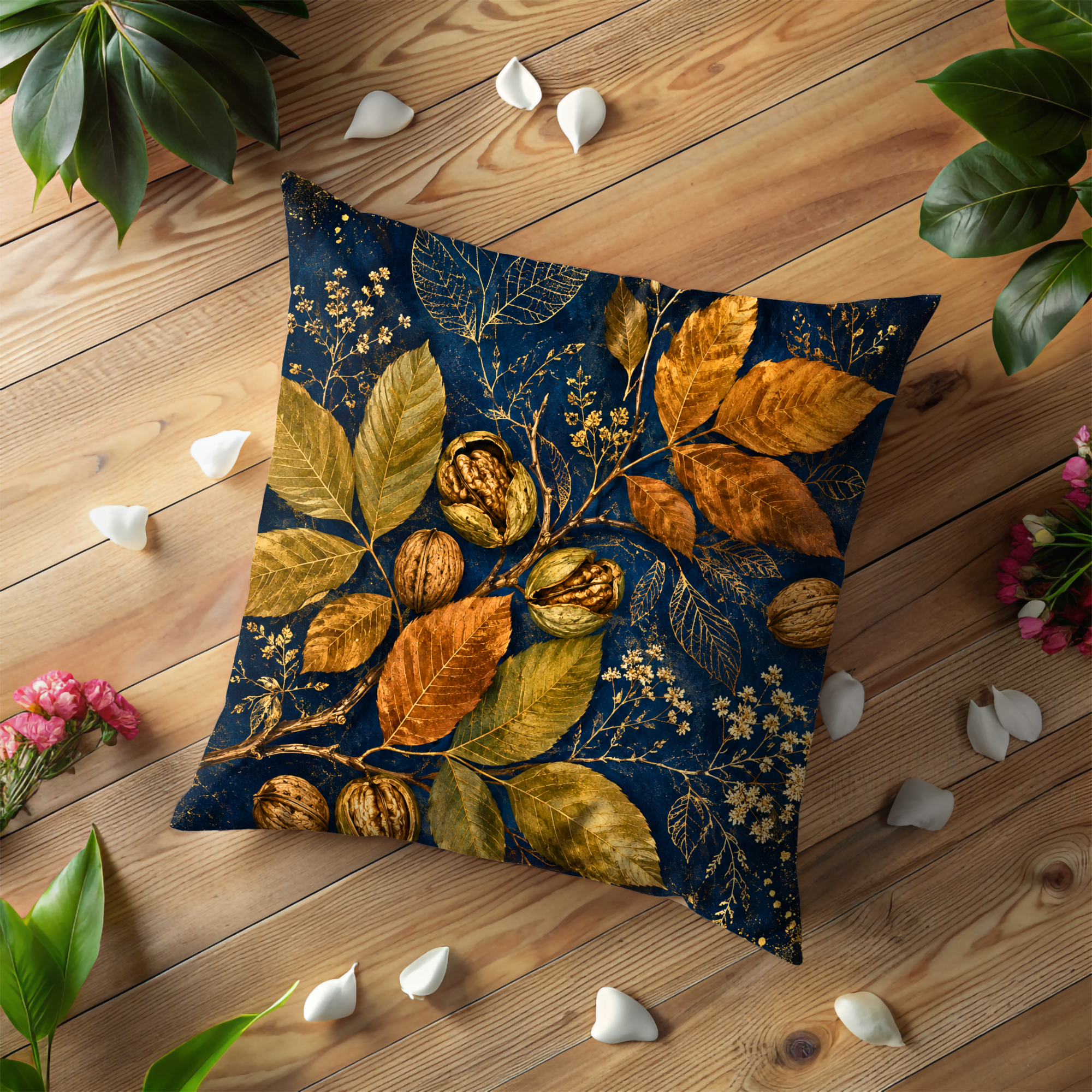 Walnut Branch Pillow Cover | Navy Gold Autumn Nut Art | Fall Decor