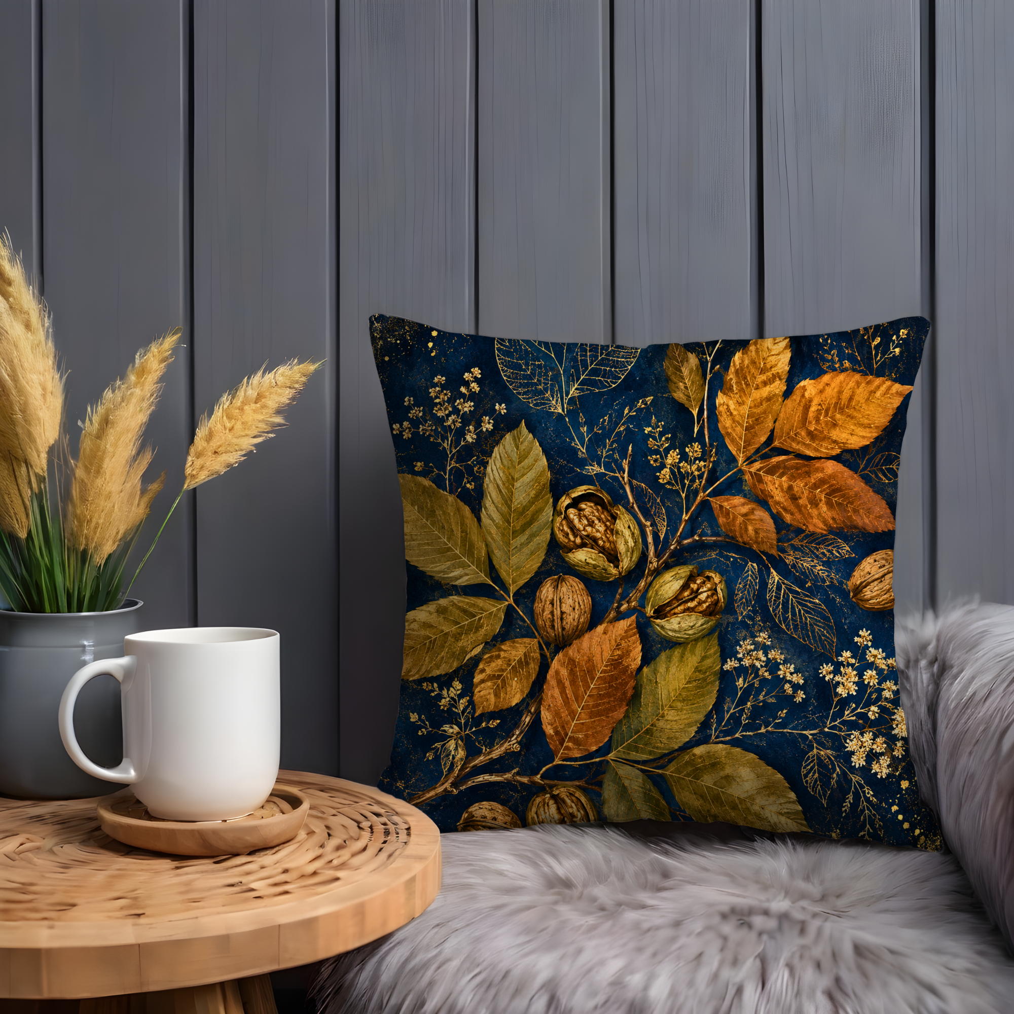 Walnut Branch Pillow Cover | Navy Gold Autumn Nut Art | Fall Decor