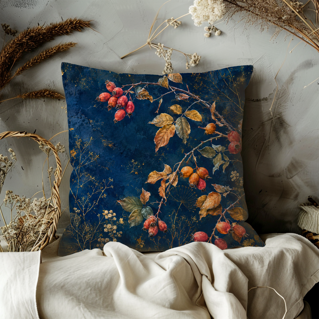 Rose Hip Branch Pillow Cover | Navy Gold Autumn Berry Art | Fall Decor