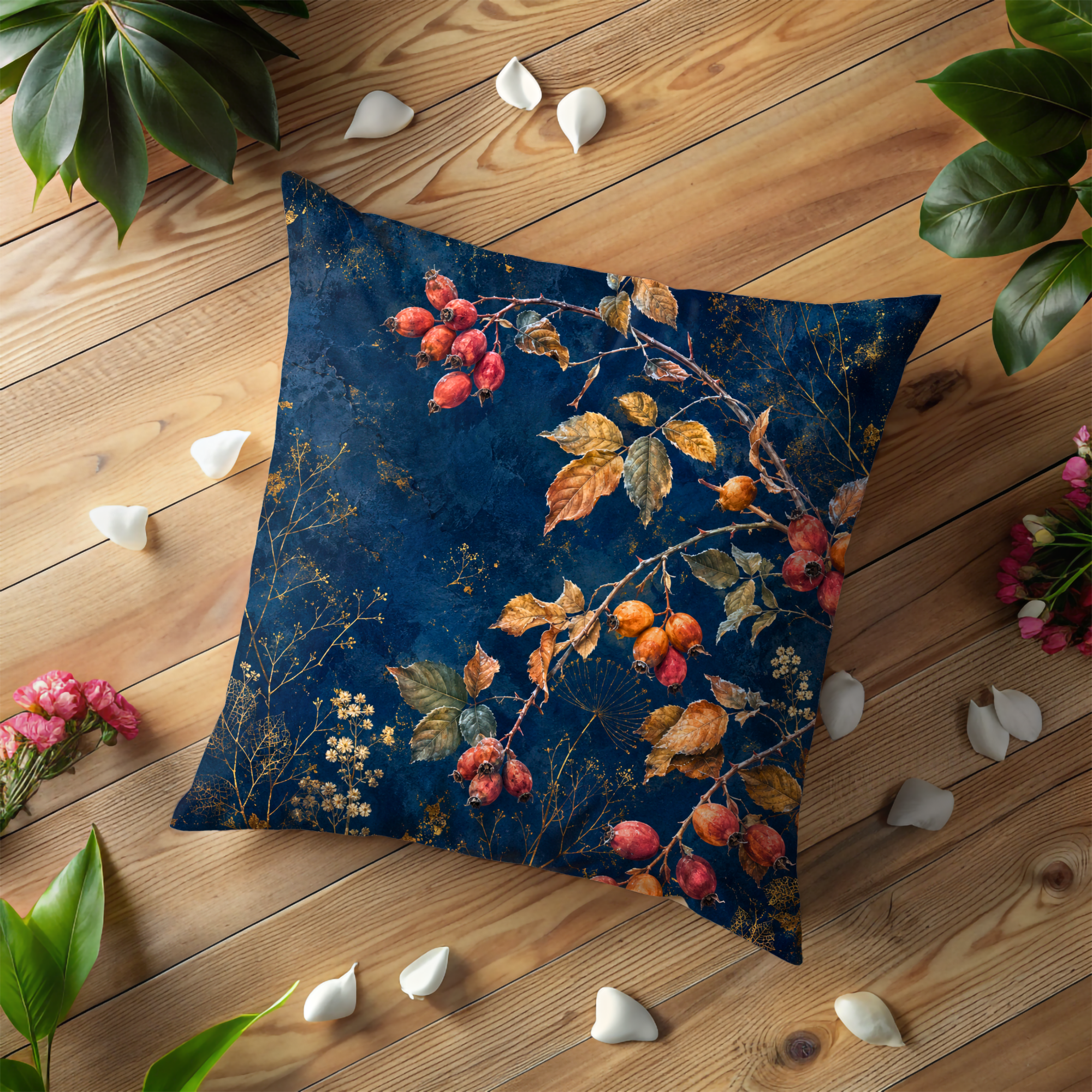 Rose Hip Branch Pillow Cover | Navy Gold Autumn Berry Art | Fall Decor