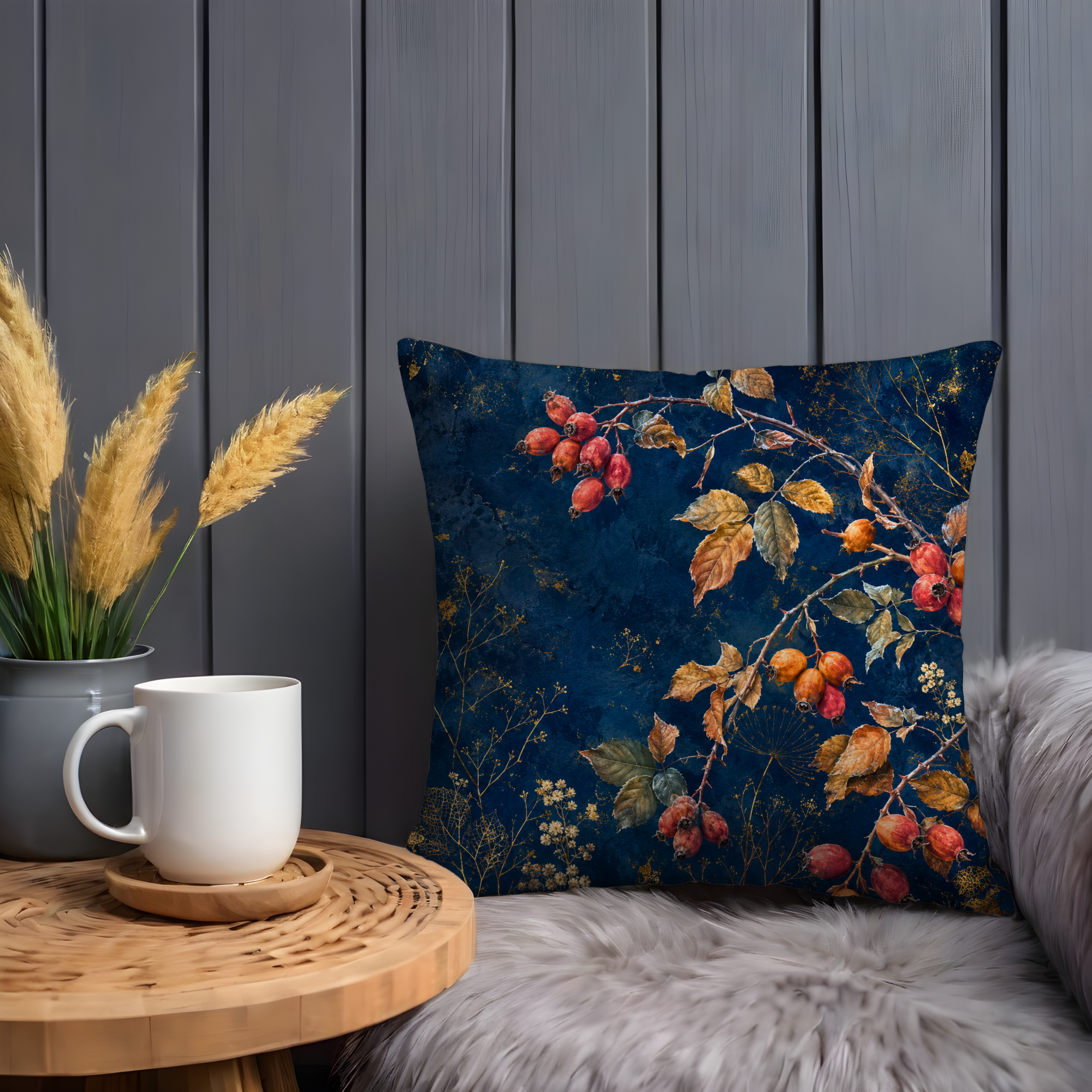 Rose Hip Branch Pillow Cover | Navy Gold Autumn Berry Art | Fall Decor