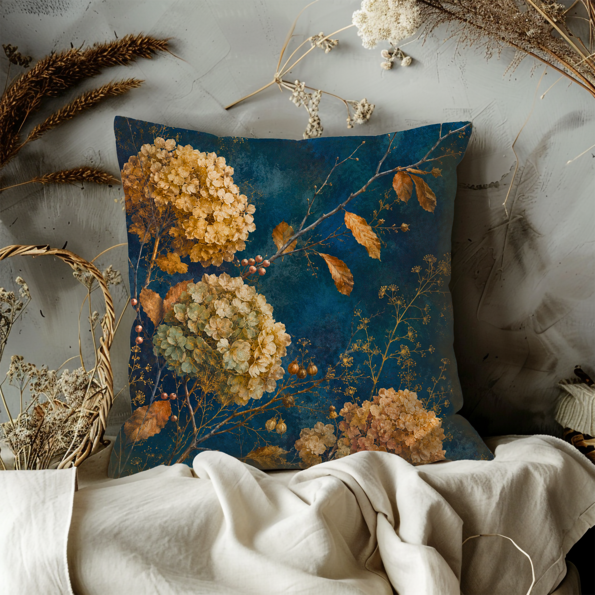Dried Hydrangea Pillow Cover | Navy Gold Autumn Bloom Art | Fall Decor