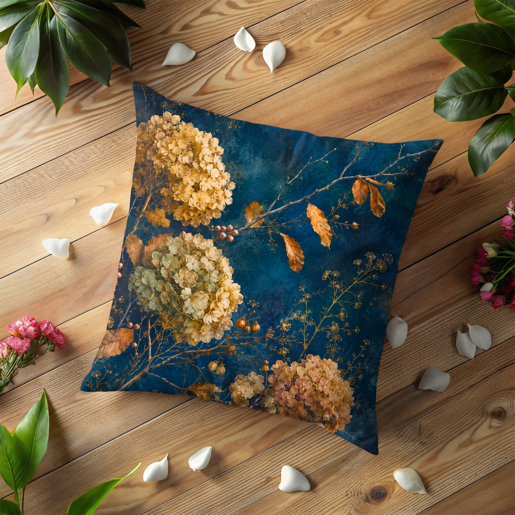 Dried Hydrangea Pillow Cover | Navy Gold Autumn Bloom Art | Fall Decor