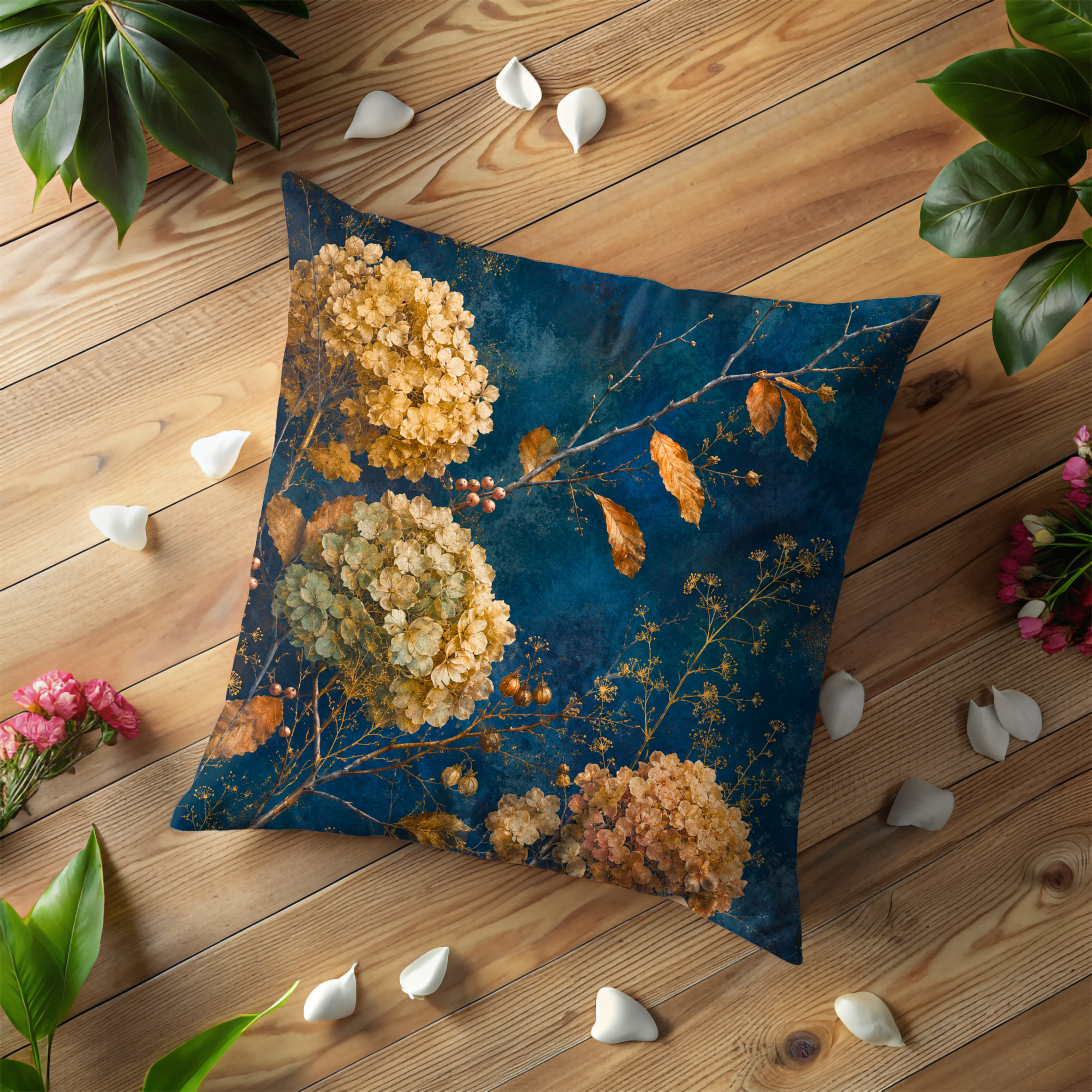 Dried Hydrangea Pillow Cover | Navy Gold Autumn Bloom Art | Fall Decor