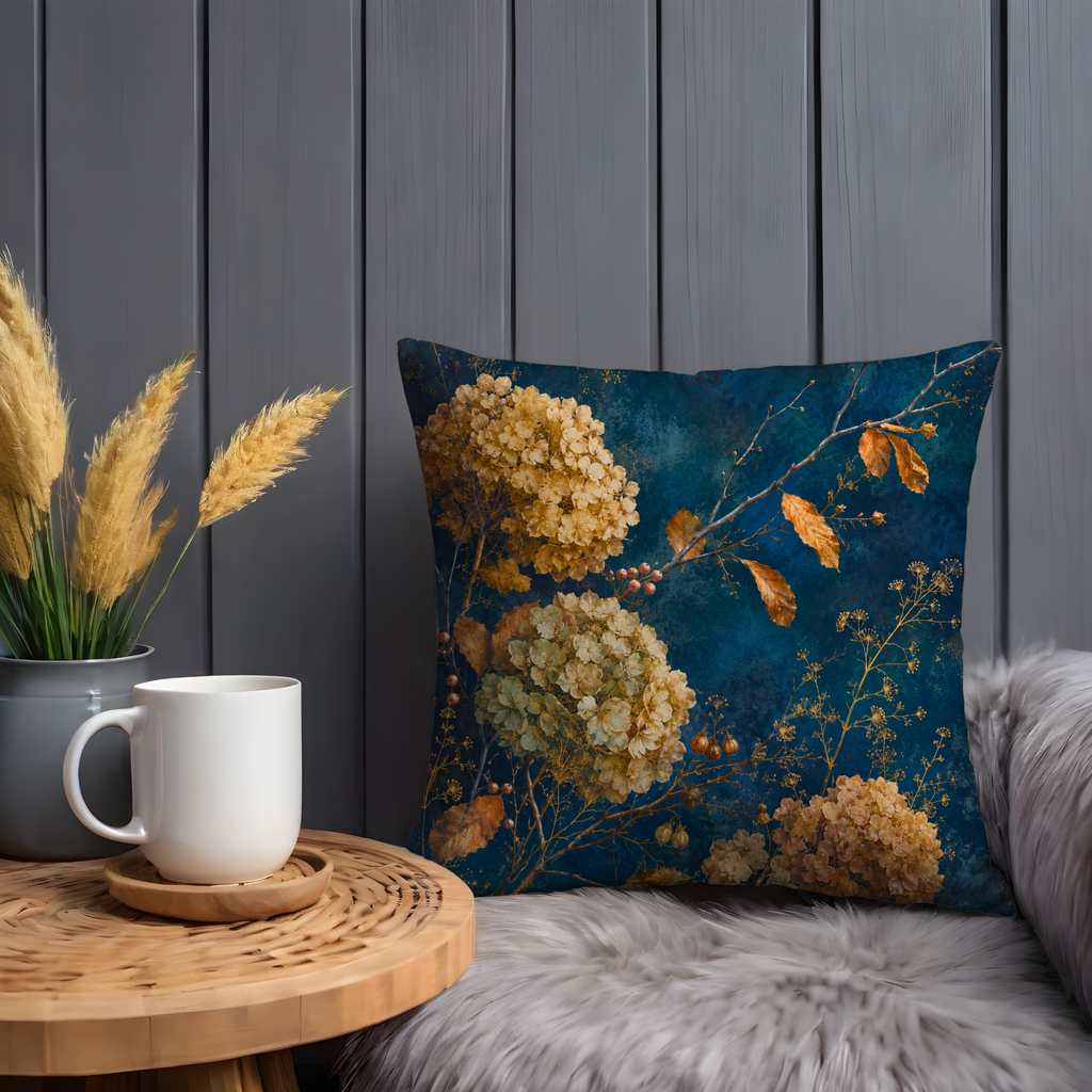 Dried Hydrangea Pillow Cover | Navy Gold Autumn Bloom Art | Fall Decor
