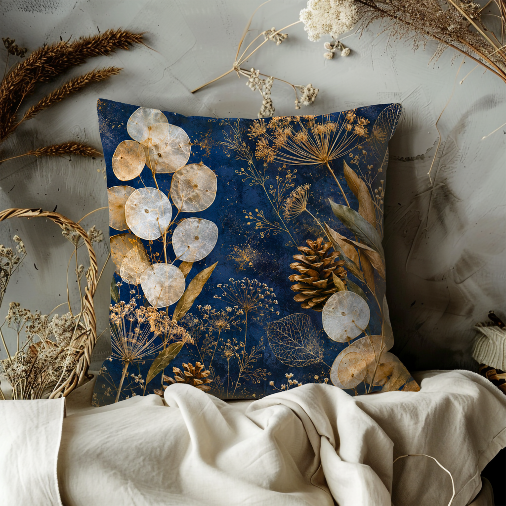 Honesty Seed Pods Pillow Cover | Navy Gold Lunaria Winter Art | Fall Decor