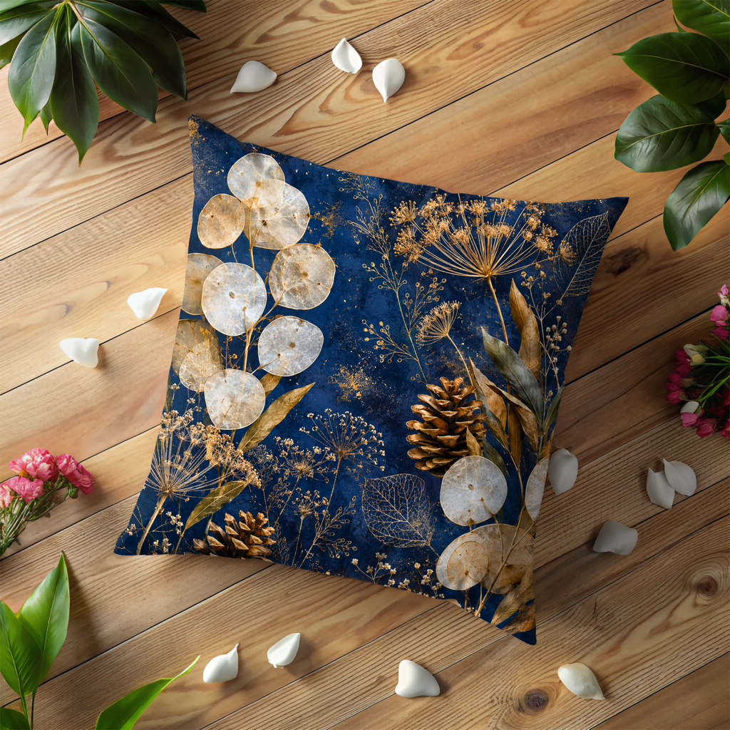 Honesty Seed Pods Pillow Cover | Navy Gold Lunaria Winter Art | Fall Decor