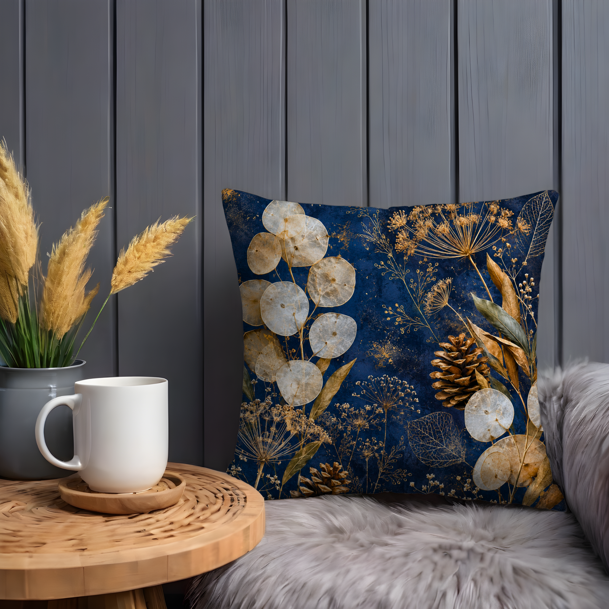 Honesty Seed Pods Pillow Cover | Navy Gold Lunaria Winter Art | Fall Decor