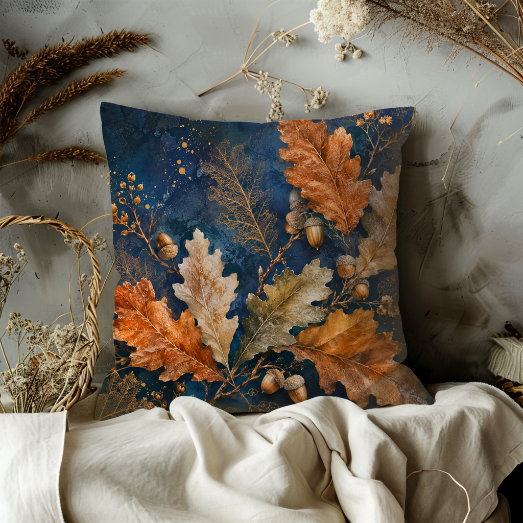 Oak Leaves Acorns Pillow Cover | Navy Gold Autumn Oak Art | Fall Decor
