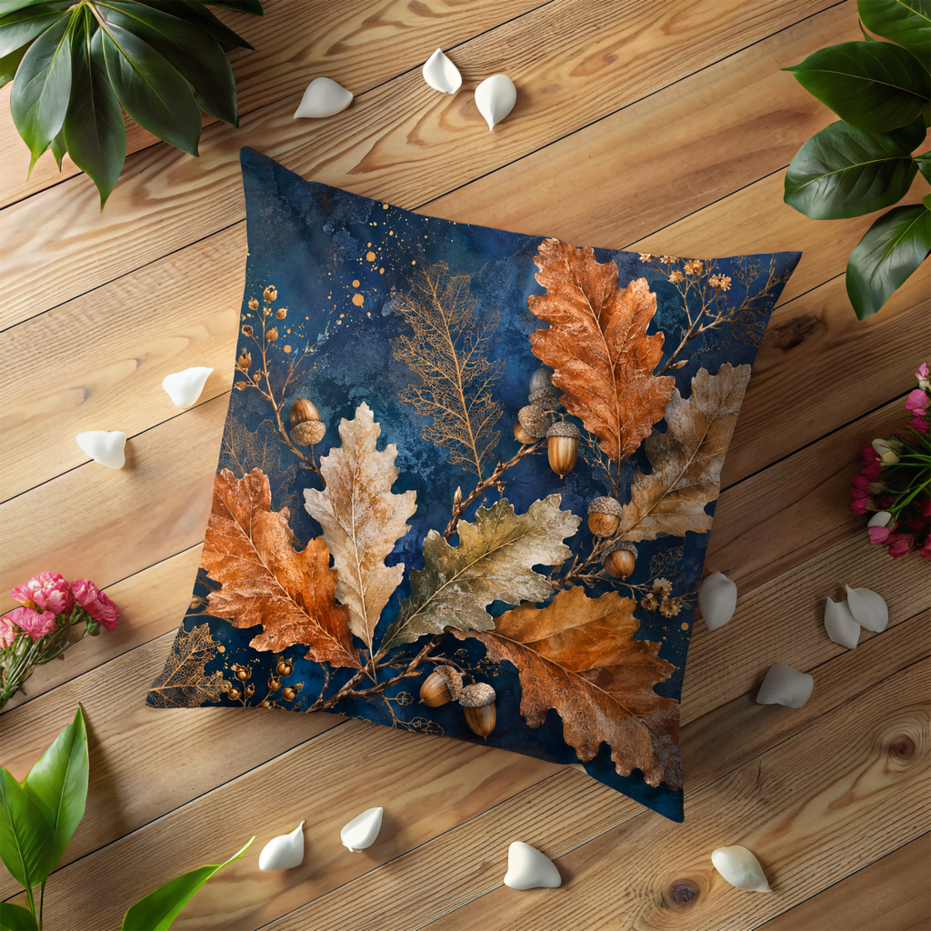 Oak Leaves Acorns Pillow Cover | Navy Gold Autumn Oak Art | Fall Decor