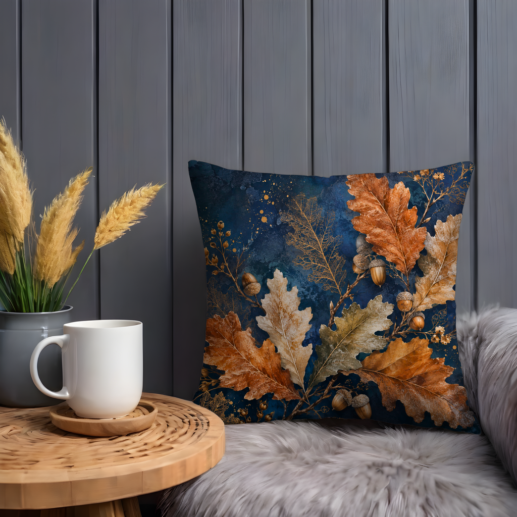 Oak Leaves Acorns Pillow Cover | Navy Gold Autumn Oak Art | Fall Decor