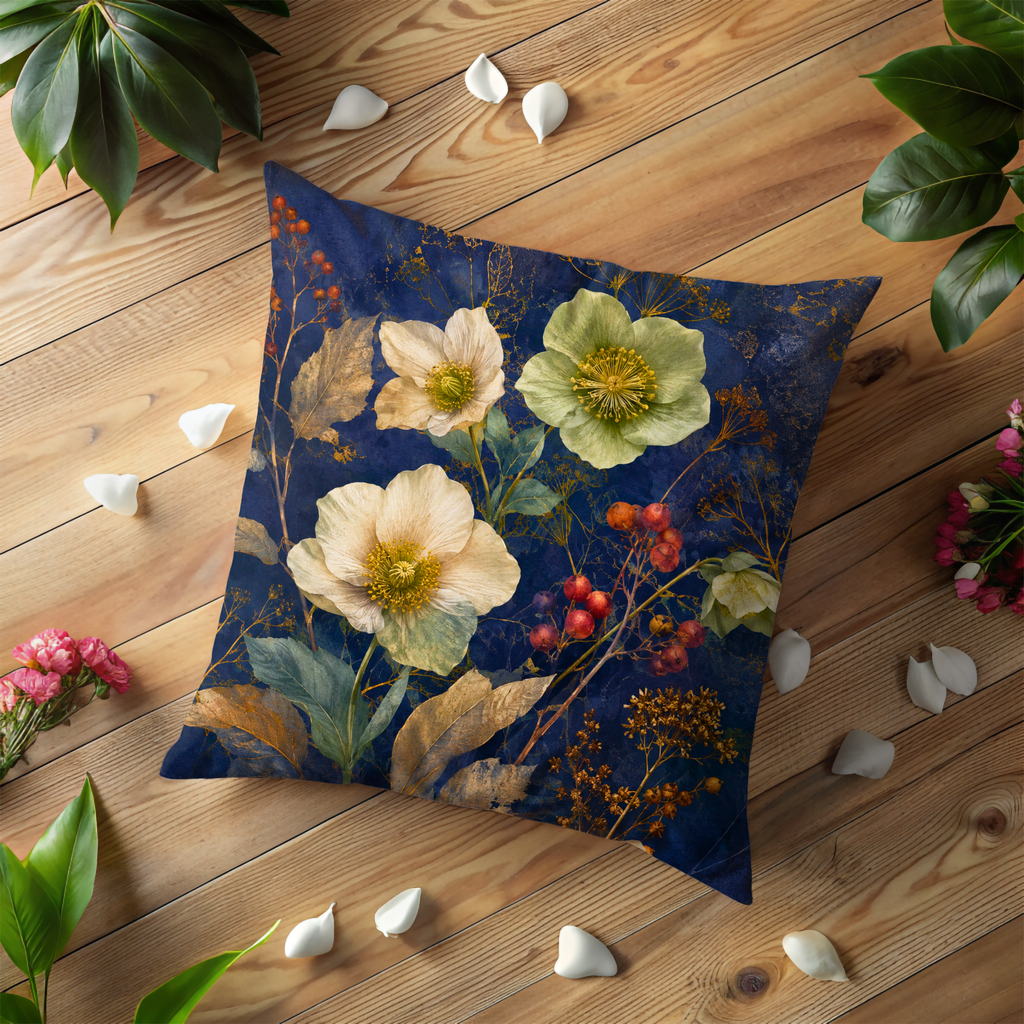 Hellebore Blooms Pillow Cover | Navy Gold Winter Floral Art | Winter Decor