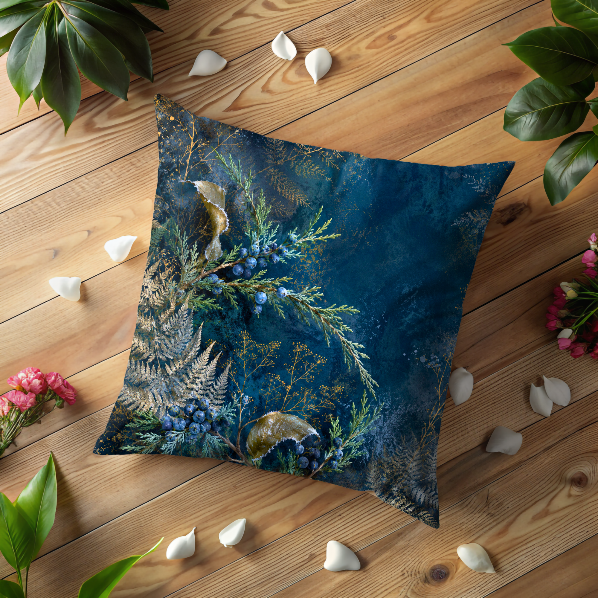 Juniper Cedar Pillow Cover | Navy Gold Winter Evergreen Art | Winter Decor