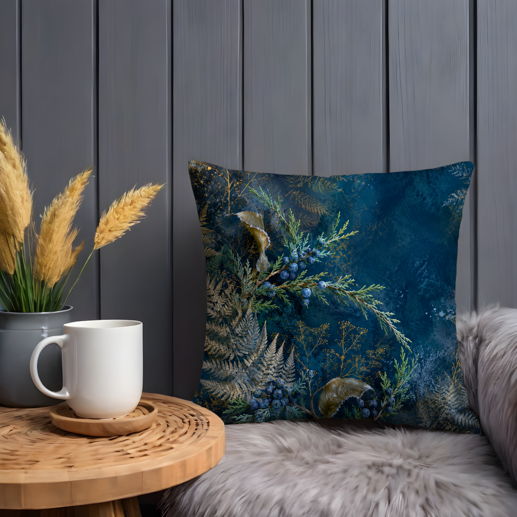 Juniper Cedar Pillow Cover | Navy Gold Winter Evergreen Art | Winter Decor