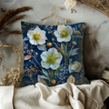 Icy Hellebore Pillow Cover | Navy Gold Frost Floral Art | Winter Decor