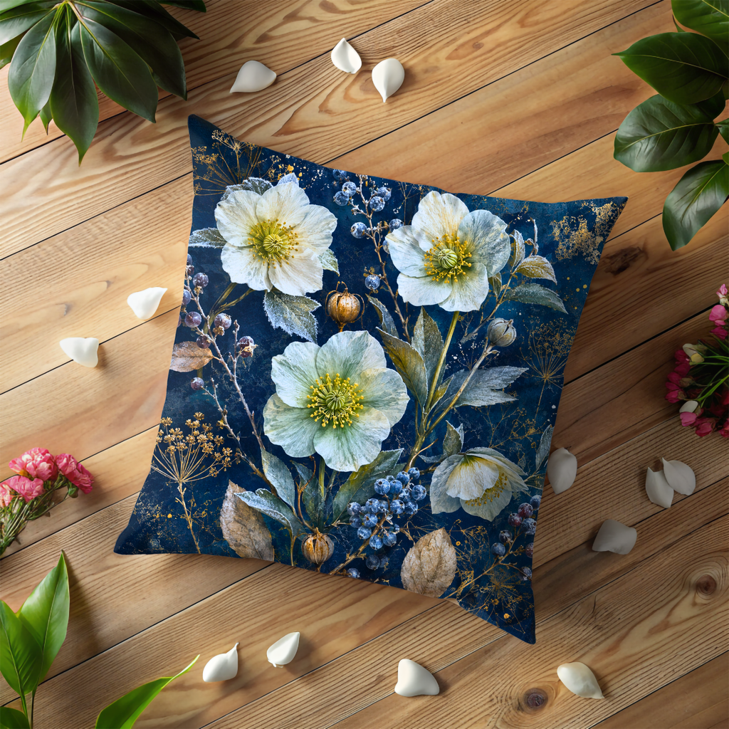 Icy Hellebore Pillow Cover | Navy Gold Frost Floral Art | Winter Decor