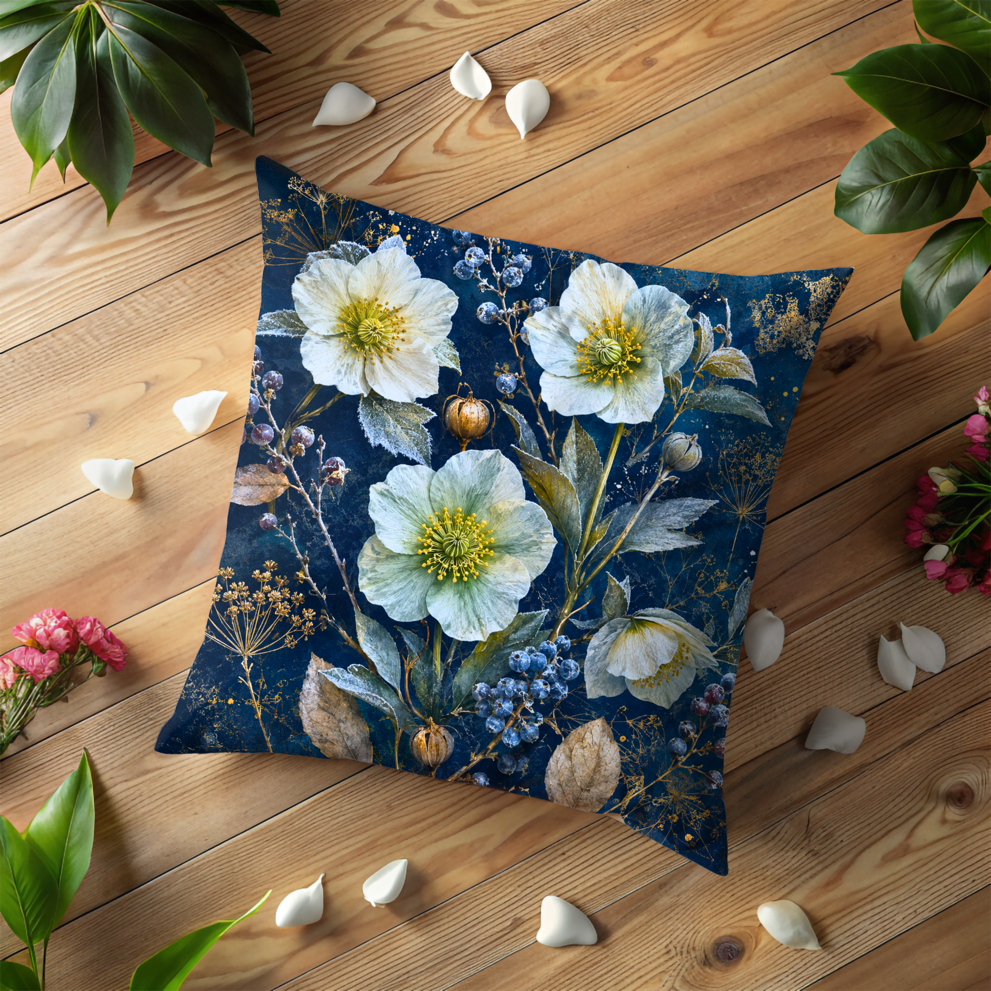 Icy Hellebore Pillow Cover | Navy Gold Frost Floral Art | Winter Decor