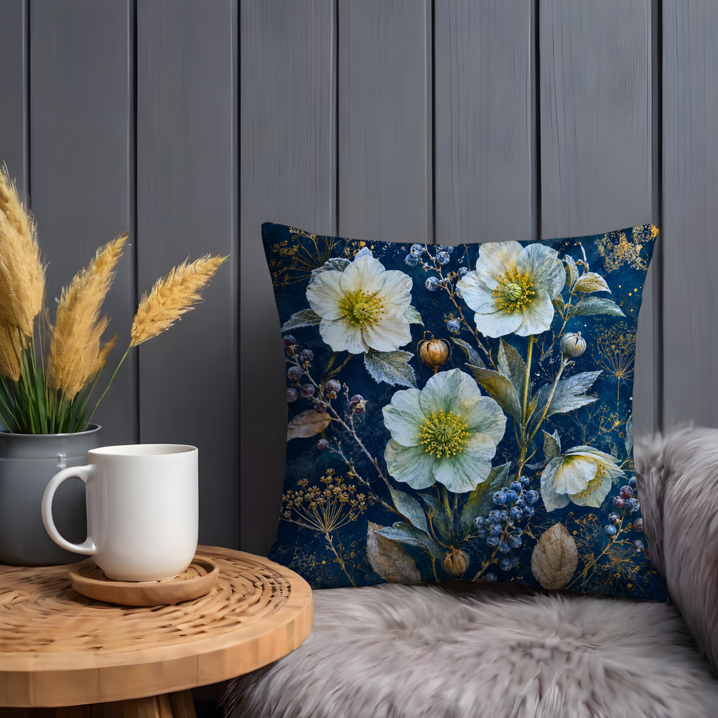 Icy Hellebore Pillow Cover | Navy Gold Frost Floral Art | Winter Decor