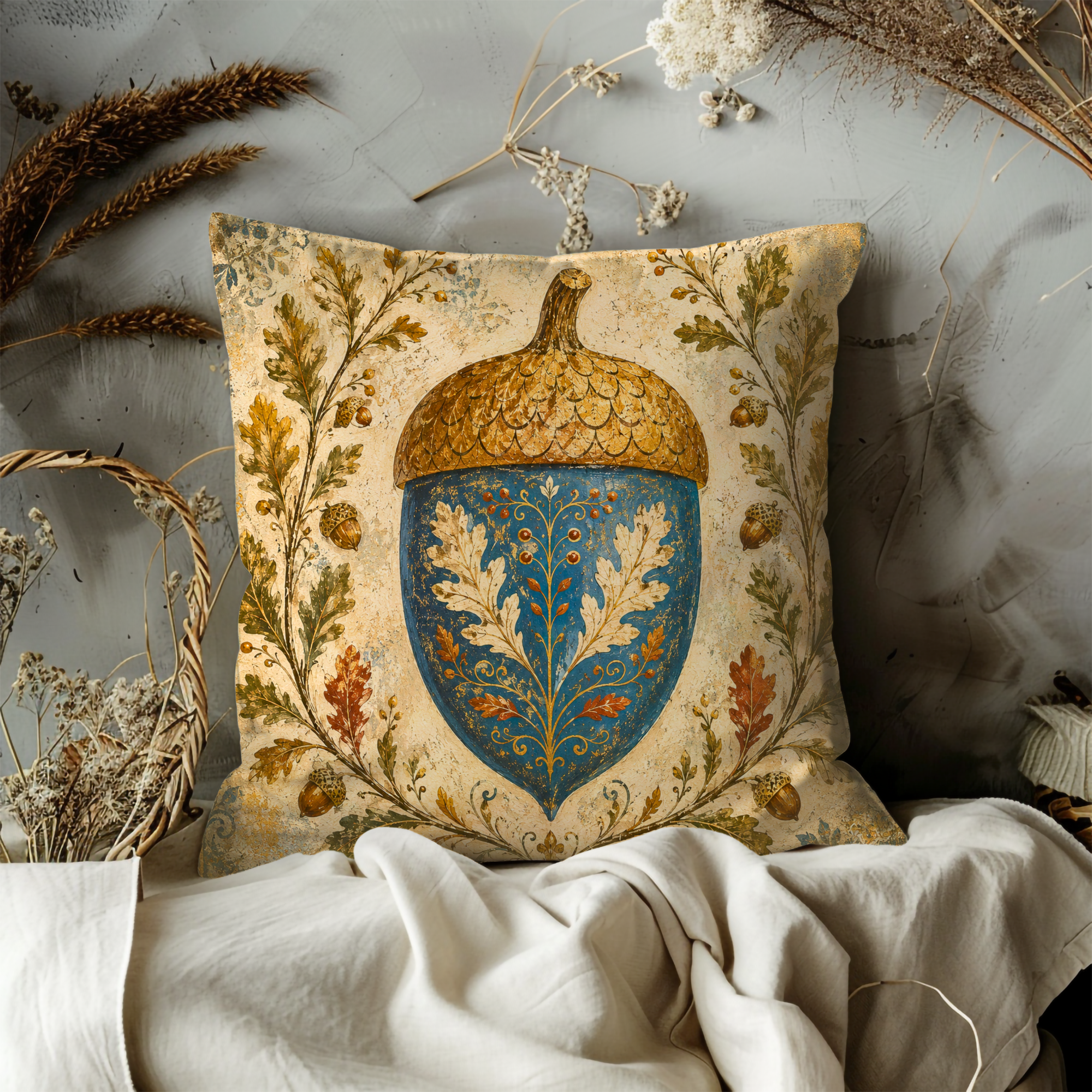 Folk Art Acorn Pillow Cover | Blue Gold Oak Heraldic Art | Fall Decor