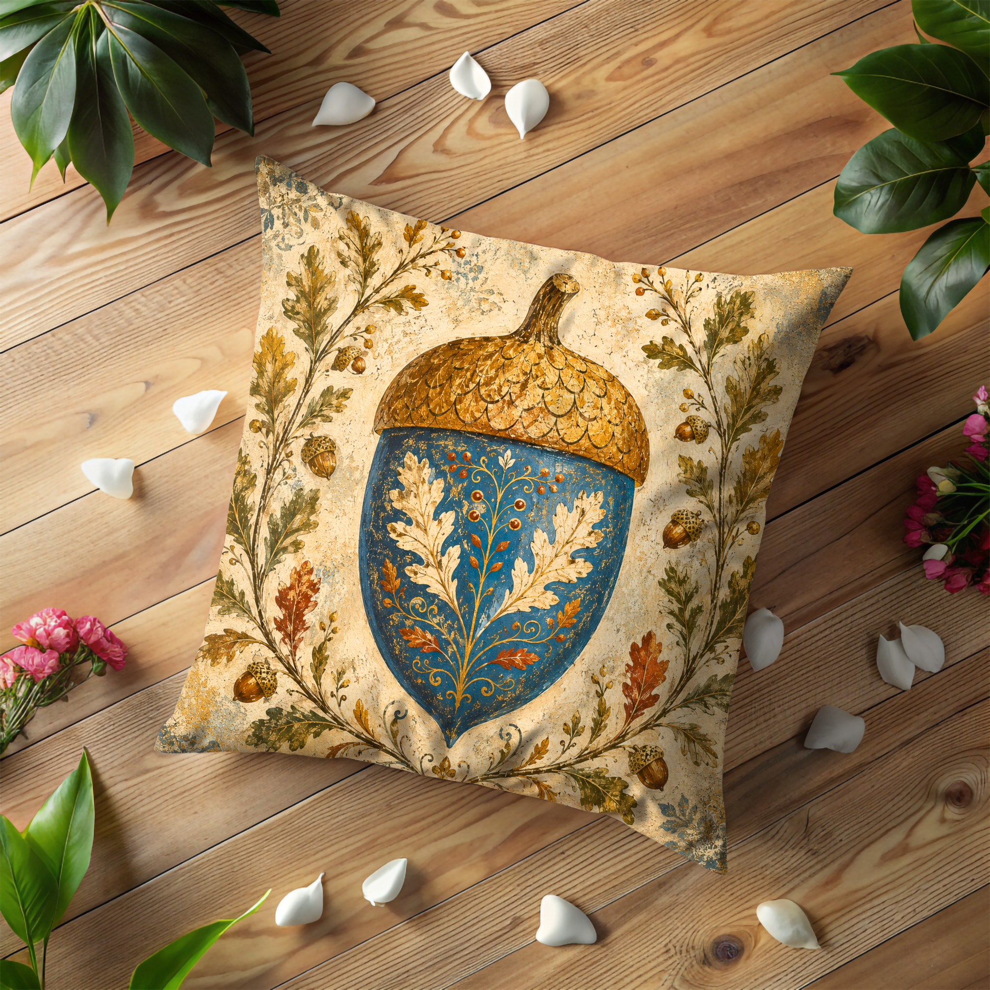 Folk Art Acorn Pillow Cover | Blue Gold Oak Heraldic Art | Fall Decor